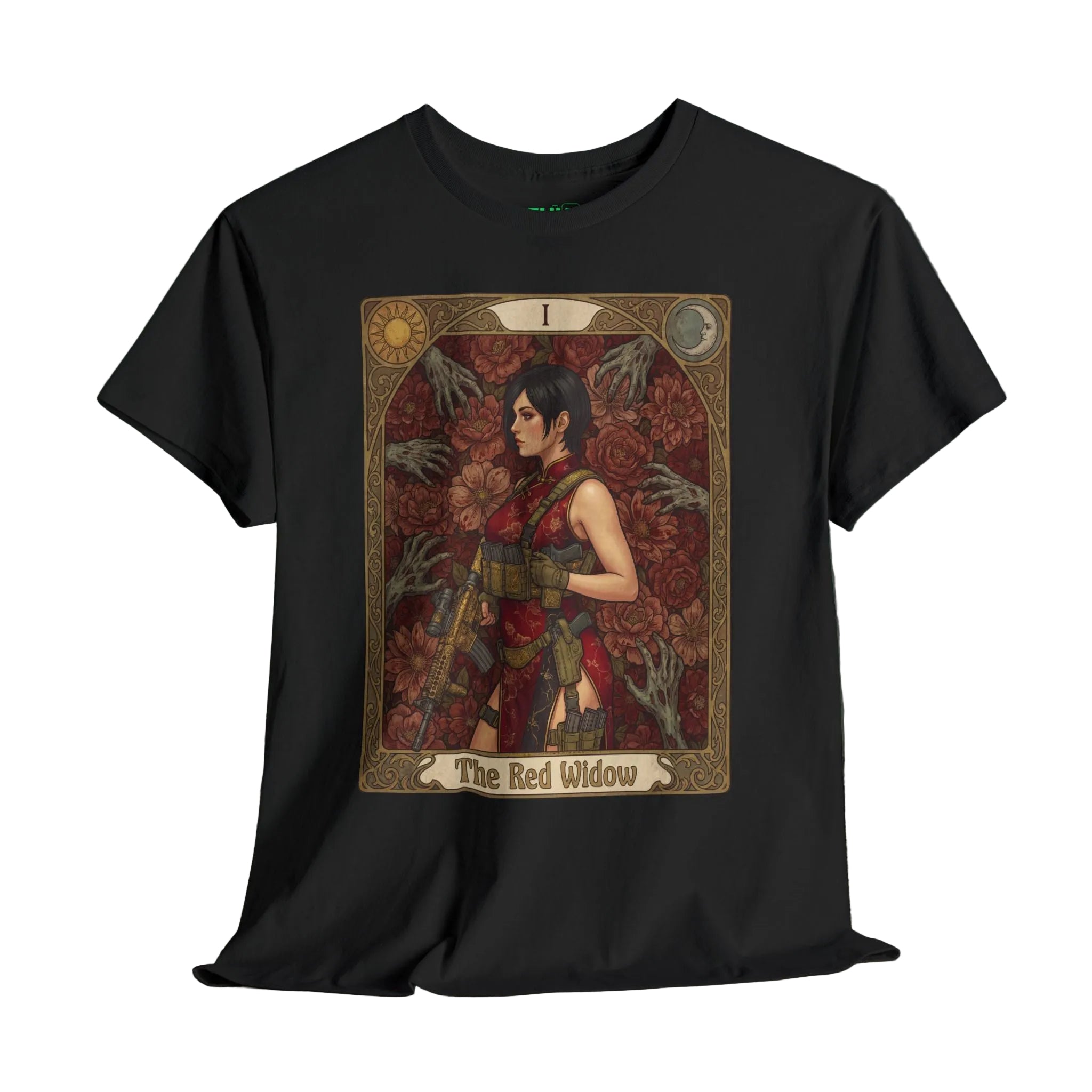 Black t-shirt with 'The Red Widow' graphic design A gaming t-shirt featuring retro vintage comic cover art by Sukiprime, showcasing vibrant colors and nostalgic designs