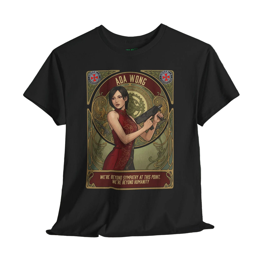 Black t-shirt with a graphic design of a woman in a red dress holding a gun, titled 'Ada Wong'. A gaming t-shirt featuring retro vintage comic cover art by Sukiprime, showcasing vibrant colors and nostalgic designs