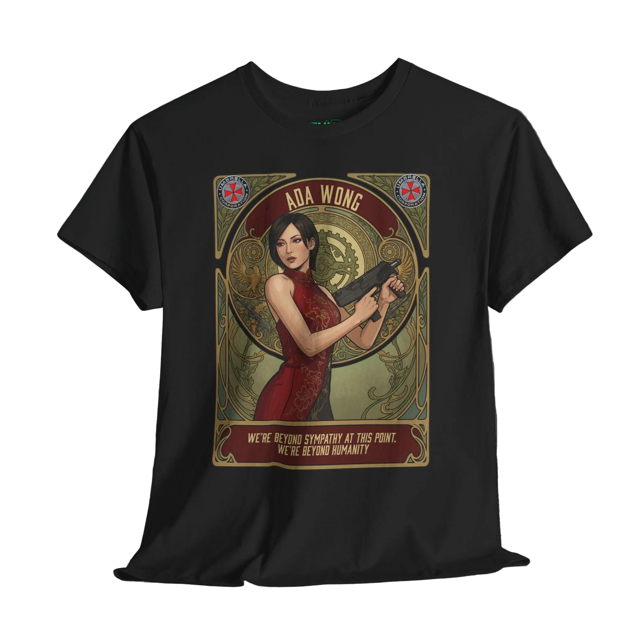 Black t-shirt with a graphic design of a woman in a red dress holding a gun, titled 'Ada Wong'. A gaming t-shirt featuring retro vintage comic cover art by Sukiprime, showcasing vibrant colors and nostalgic designs