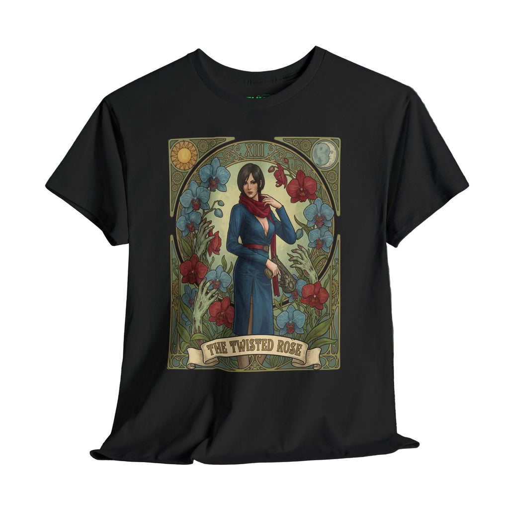 Black t-shirt with a graphic design of a woman in a blue dress surrounded by flowers A gaming t-shirt featuring retro vintage comic cover art by Sukiprime, showcasing vibrant colors and nostalgic designs