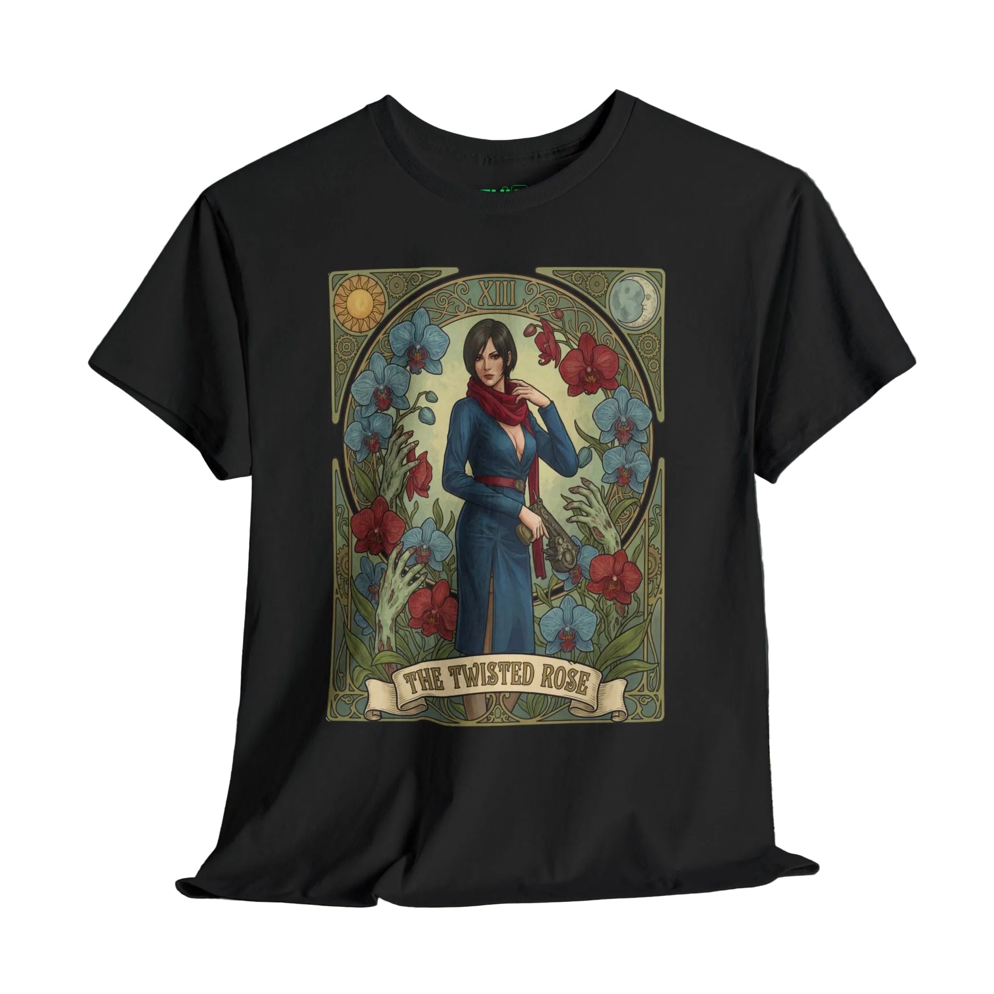 Black t-shirt with a graphic design of a woman in a blue dress surrounded by flowers A gaming t-shirt featuring retro vintage comic cover art by Sukiprime, showcasing vibrant colors and nostalgic designs