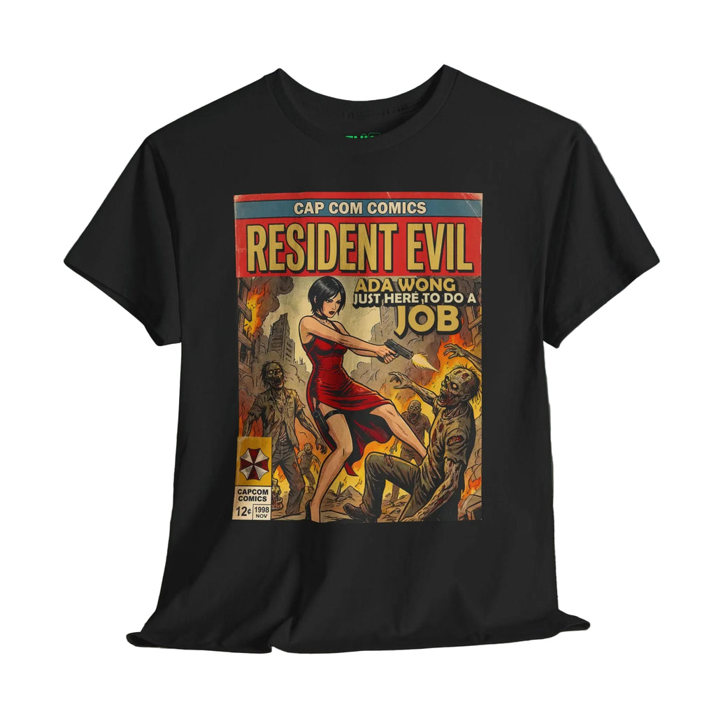 Black t-shirt with 'Resident Evil' comic book cover graphic showcasing unique retro and vintage comic art gaming designs and bold colors for gaming enthusiasts and  passionate gamers.