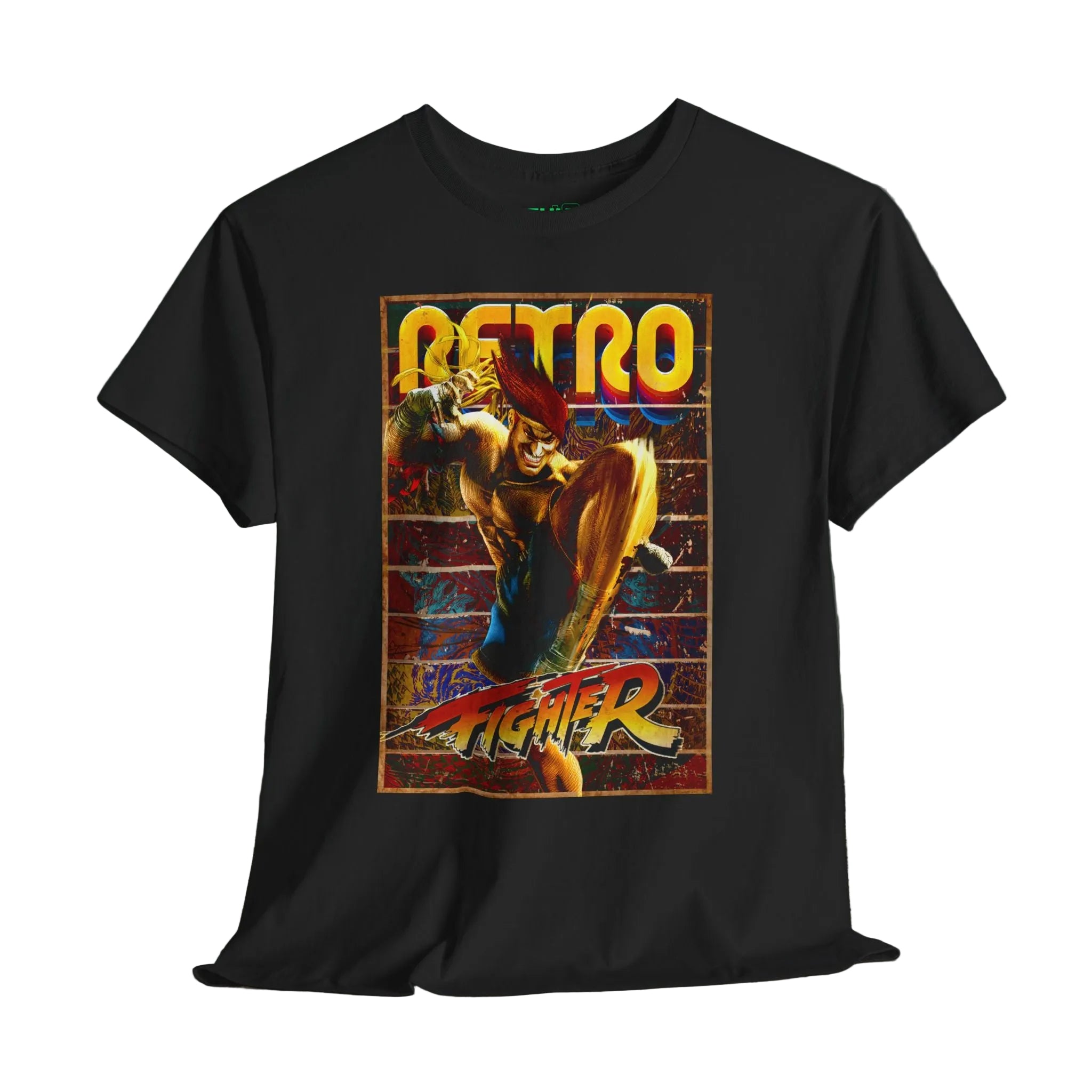 Black t-shirt with 'Retro Fighter' graphic design showcasing unique retro and vintage comic art gaming designs and bold colors for gaming enthusiasts and  passionate gamers.