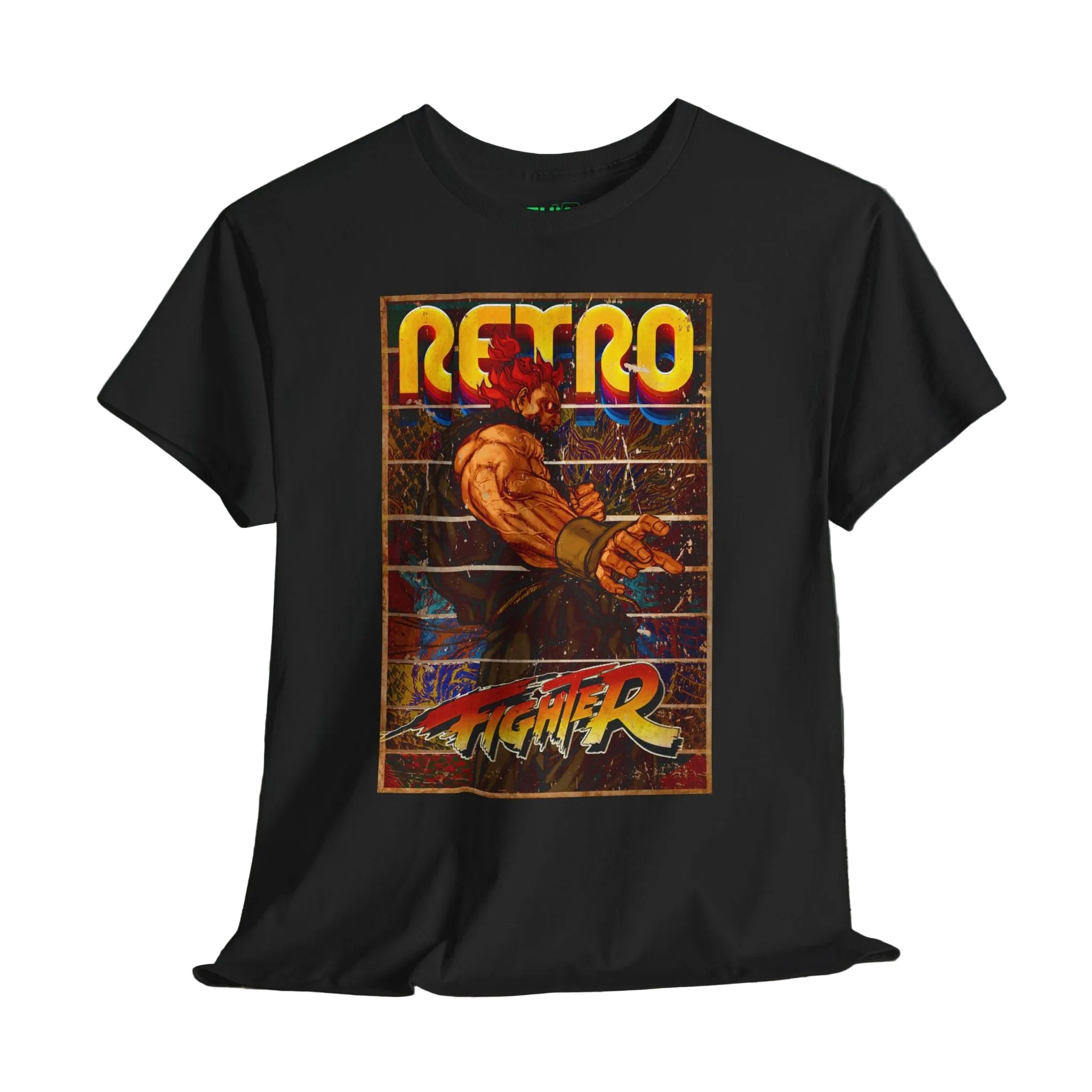 Black t-shirt with a retro-style graphic of a boxer on a showcasing unique retro and vintage comic art gaming designs and bold colors for gaming enthusiasts and  passionate gamers.