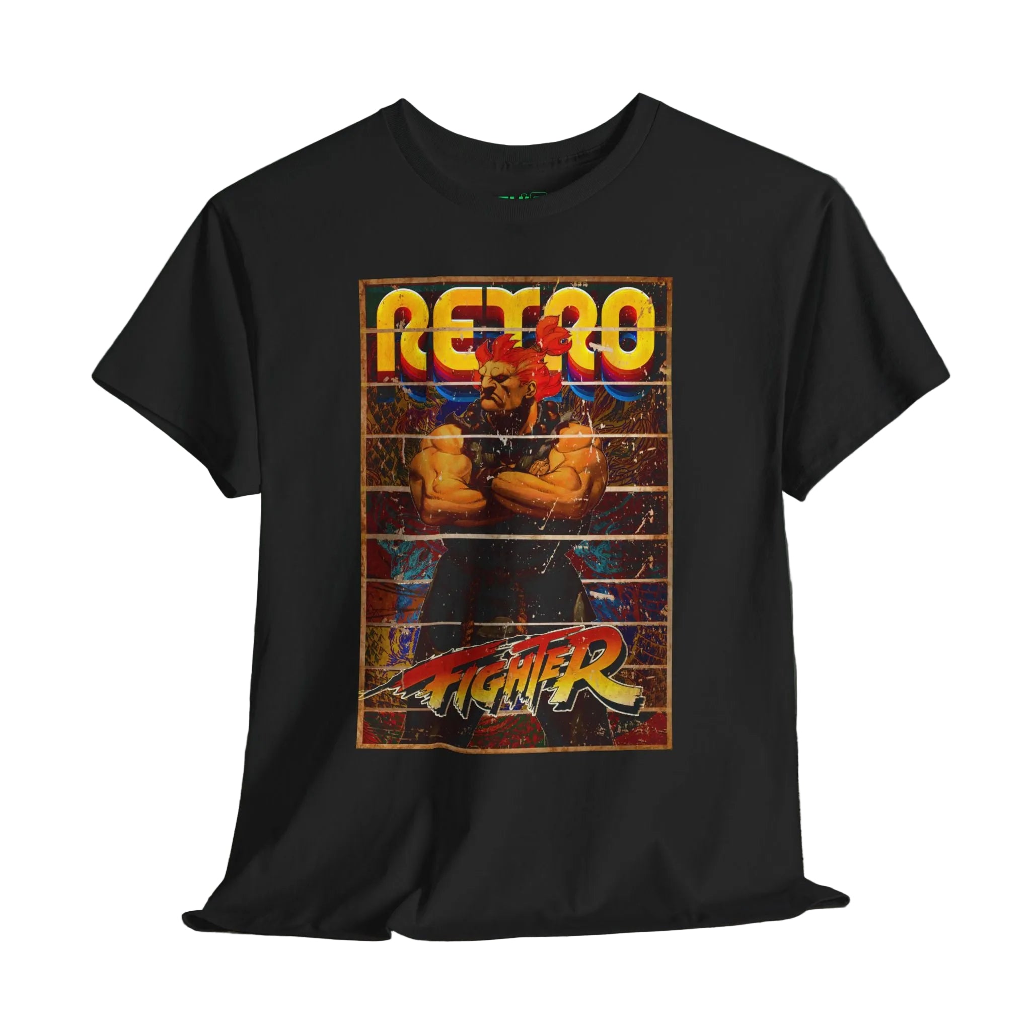 Black t-shirt with 'Retro Fighter' graphic design showcasing unique retro and vintage comic art gaming designs and bold colors for gaming enthusiasts and  passionate gamers.