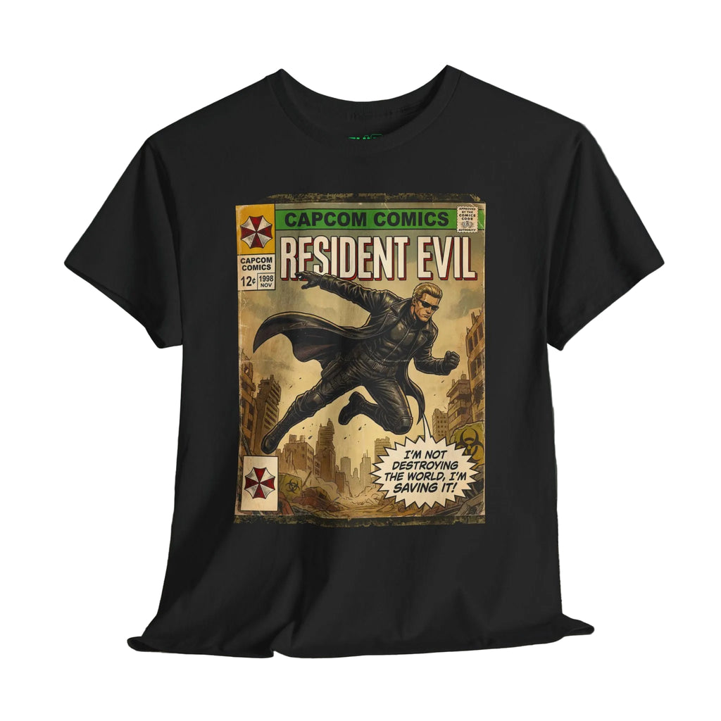 Black t-shirt with 'Resident Evil' comic book cover design showcasing unique retro and vintage comic art gaming designs and bold colors for gaming enthusiasts and  passionate gamers.