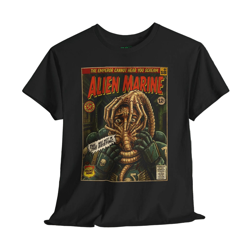 Alien Marine Gaming T-Shirt. Explore unique retro comic cover themed gaming t-shirts by SukiPrime. Premium quality designs for true fans. Shop now!