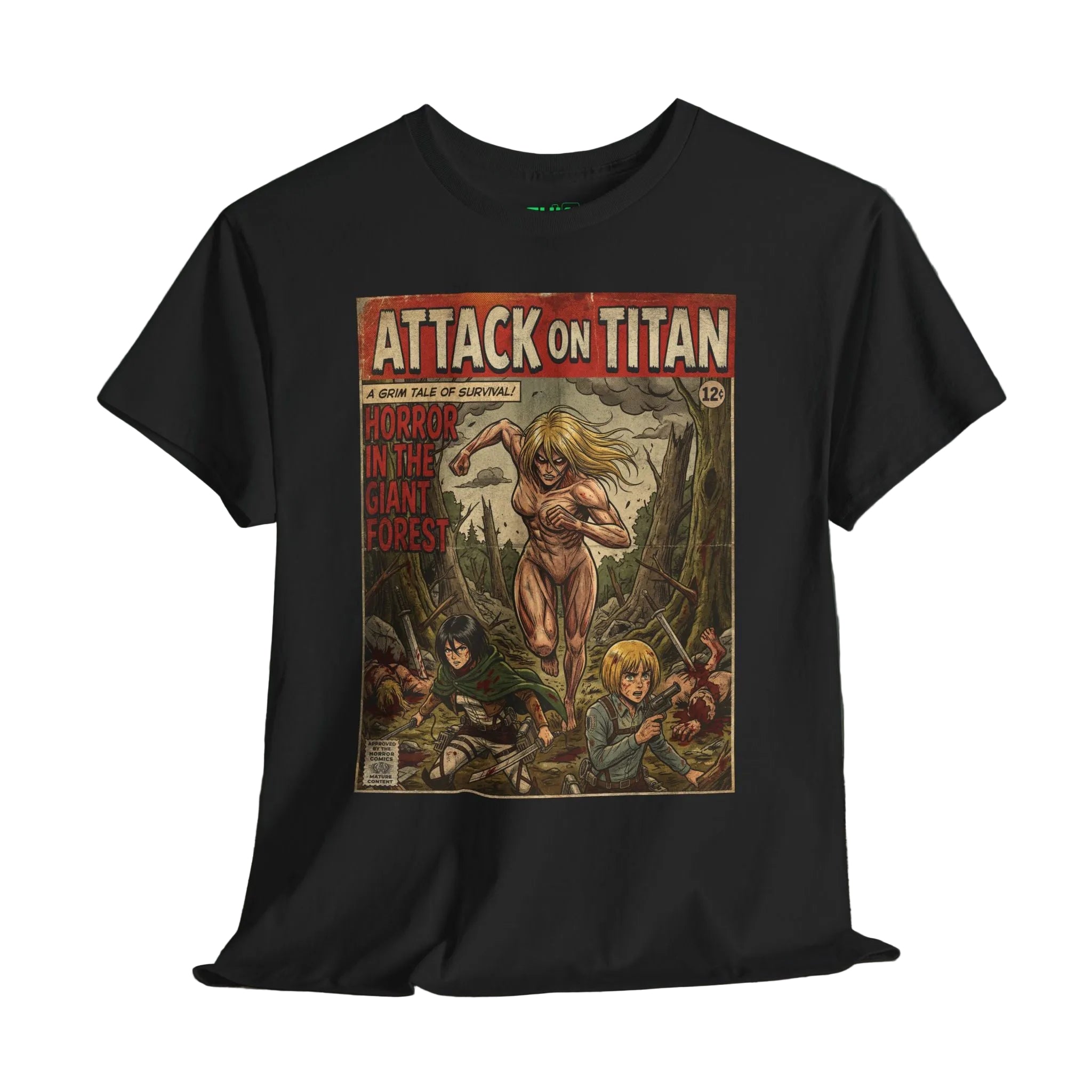 Black t-shirt with 'Attack on Titan' graphic design on a wooden surface with a dark background
