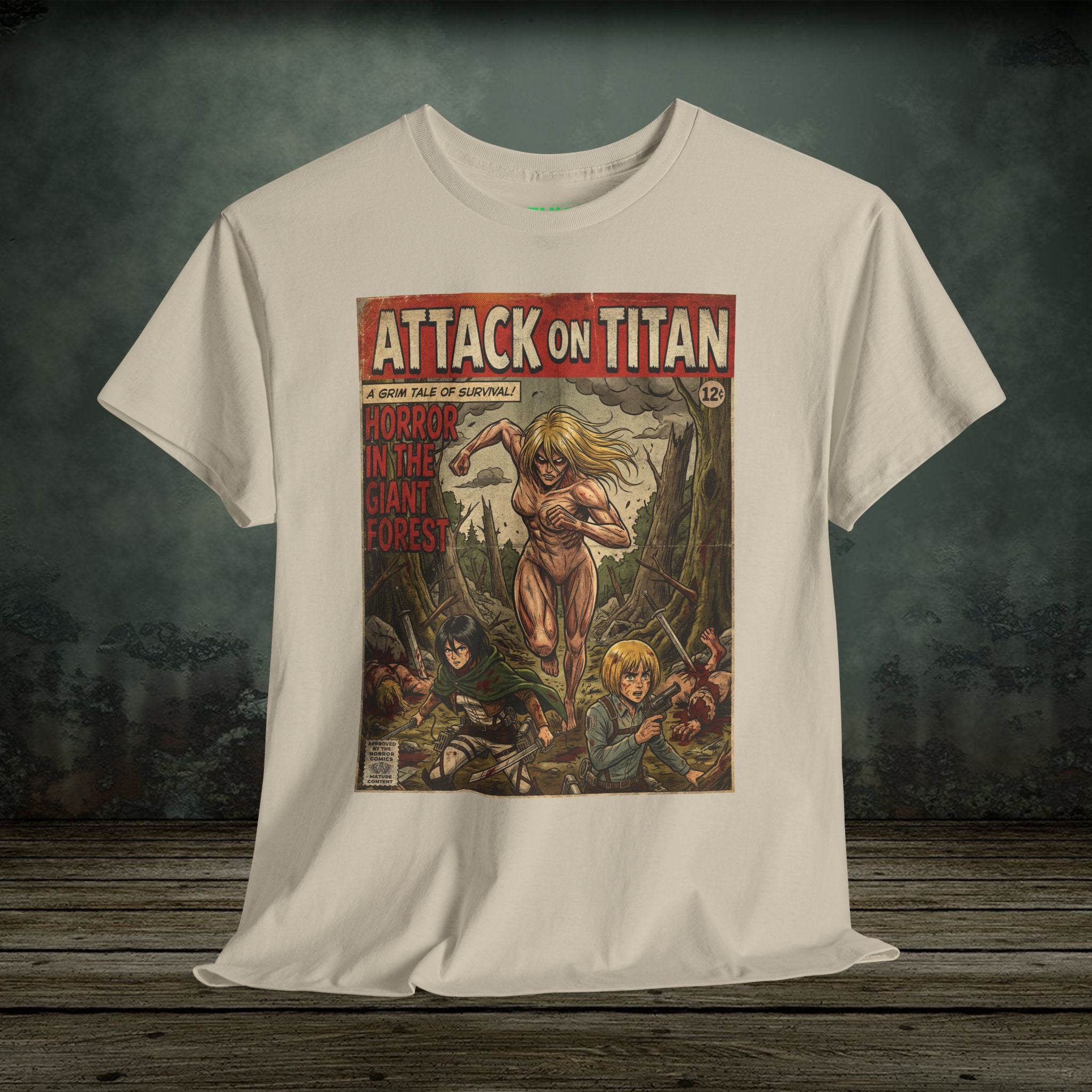 White t-shirt with 'Attack on Titan' graphic design on a wooden surface and dark background