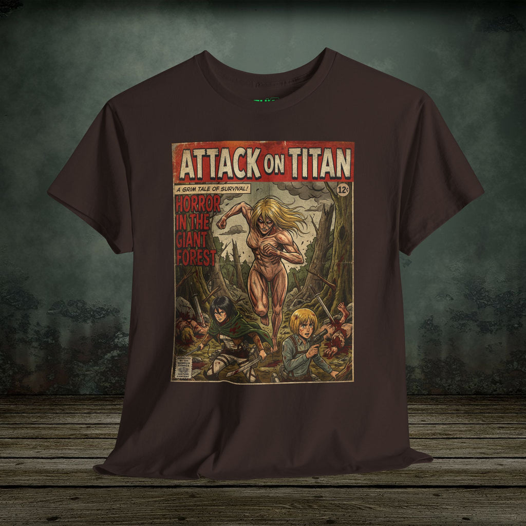 Brown t-shirt with 'Attack on Titan' graphic design on a wooden surface and dark background