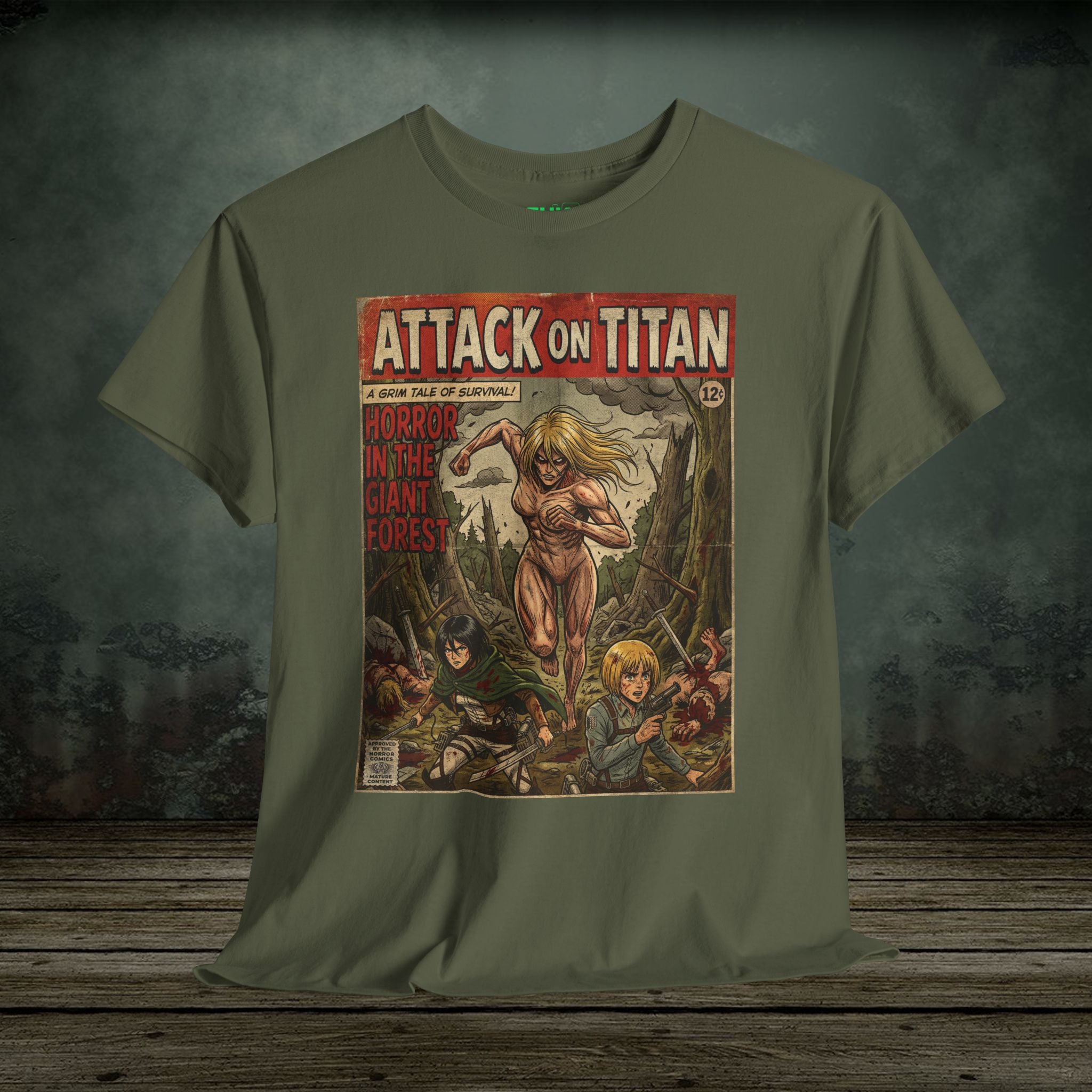 Green t-shirt with 'Attack on Titan' graphic design on a wooden surface and dark background