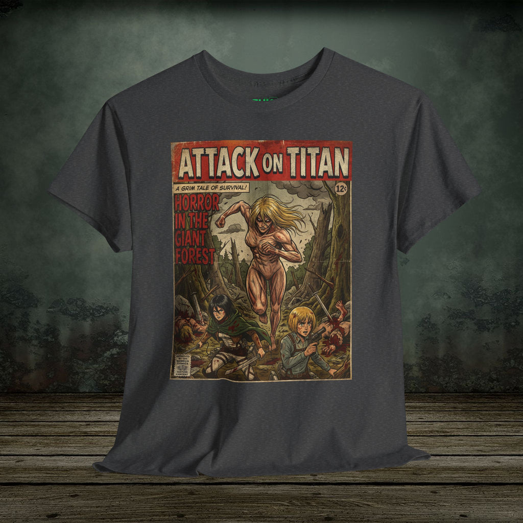 Gray t-shirt with 'Attack on Titan' graphic design on a wooden surface with a dark background