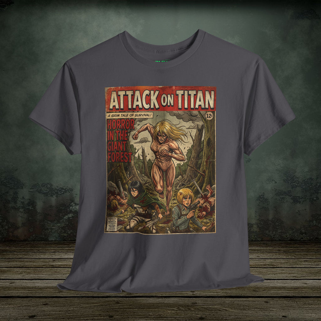 Gray t-shirt with 'Attack on Titan' graphic design on a wooden surface and dark background