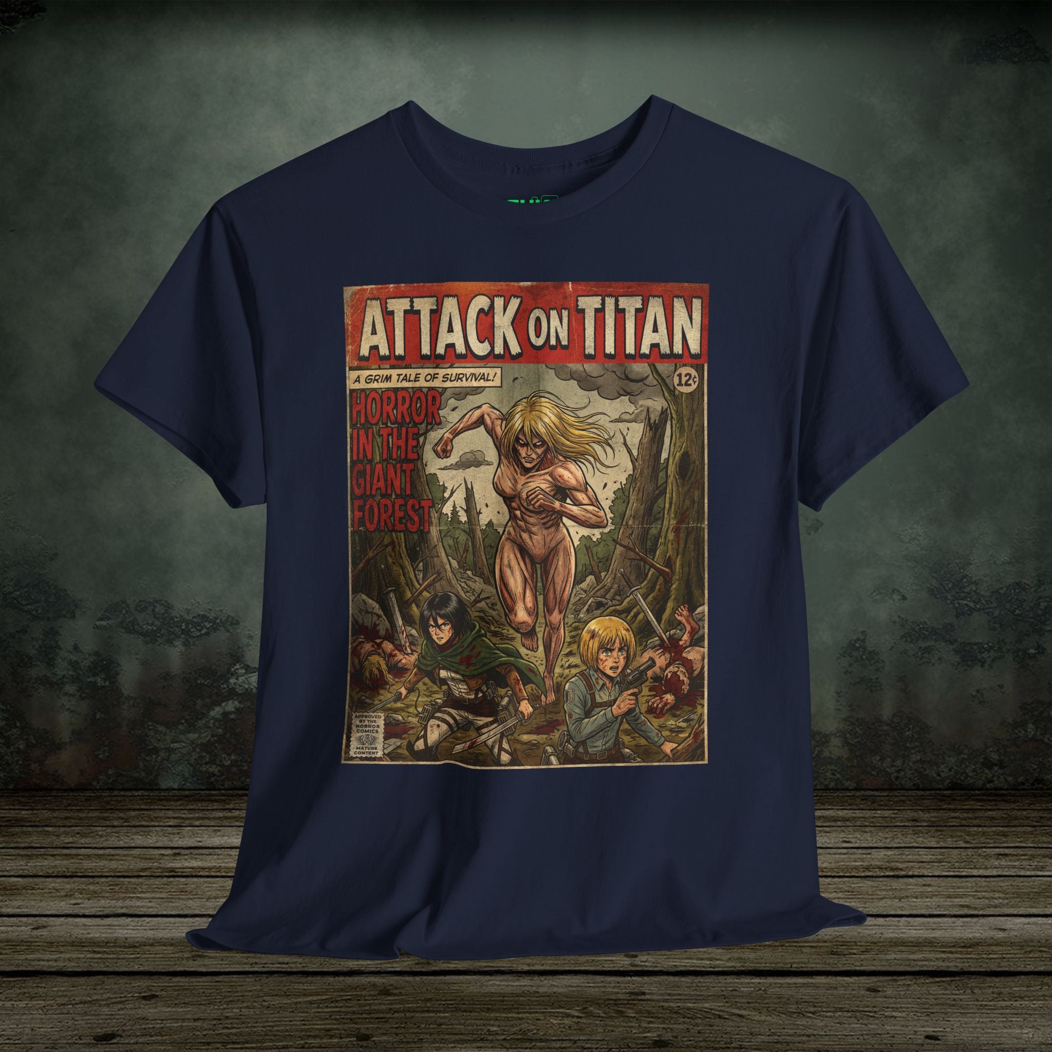 Navy blue t-shirt with 'Attack on Titan' graphic design on a wooden surface and dark background