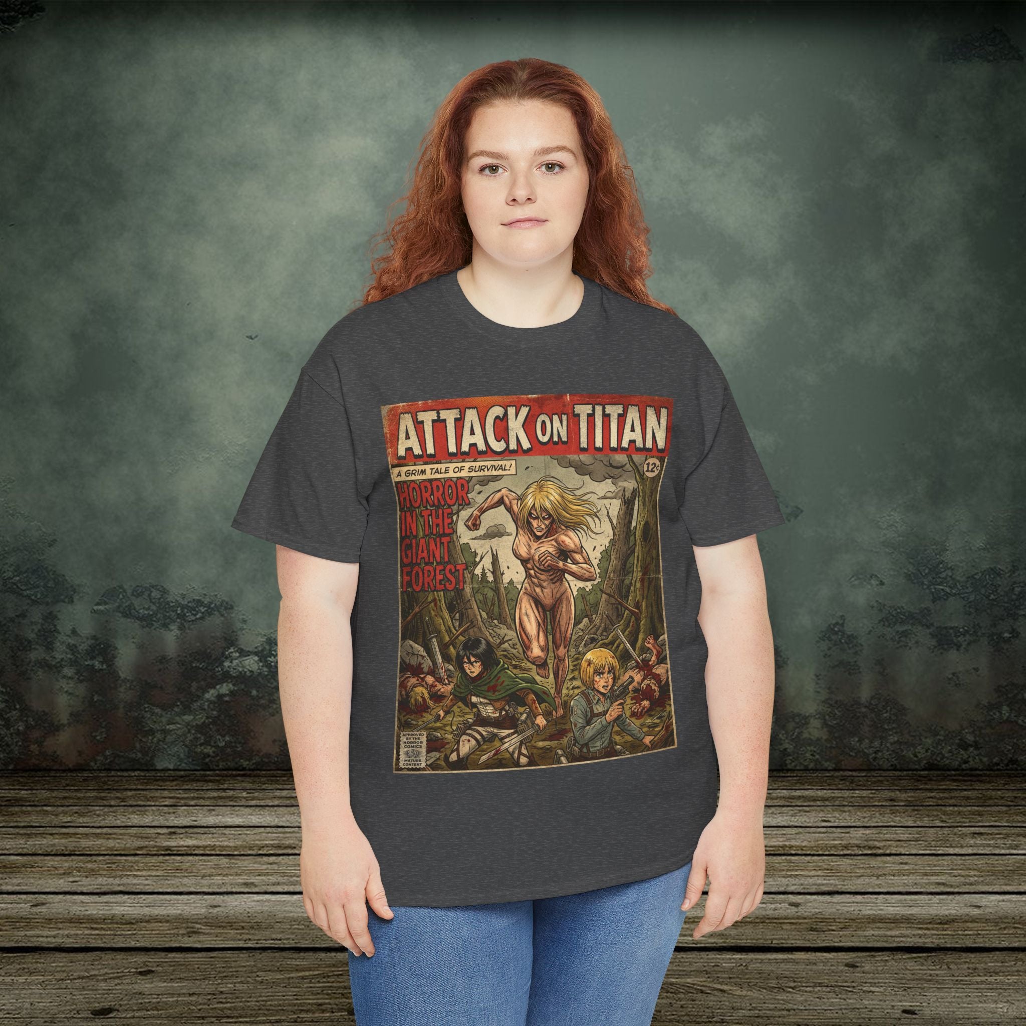 Person wearing a 'Attack on Titan' t-shirt with a graphic design on a textured background