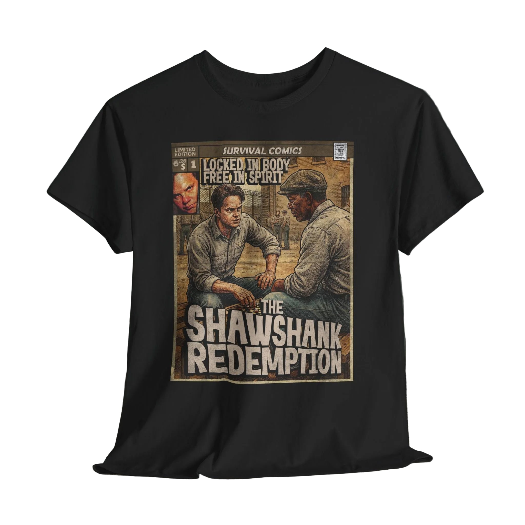 Black t-shirt with 'The Shawshank Redemption' graphic design on a wooden surface.