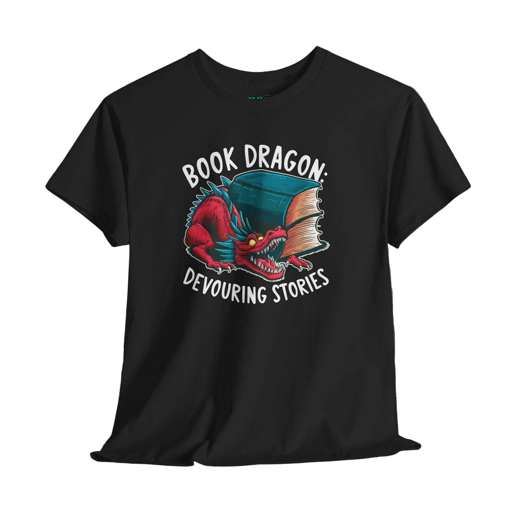 Black t-shirt with a colorful dragon graphic and text 'Book Dragon: Devouring Stories' on a wooden surface.