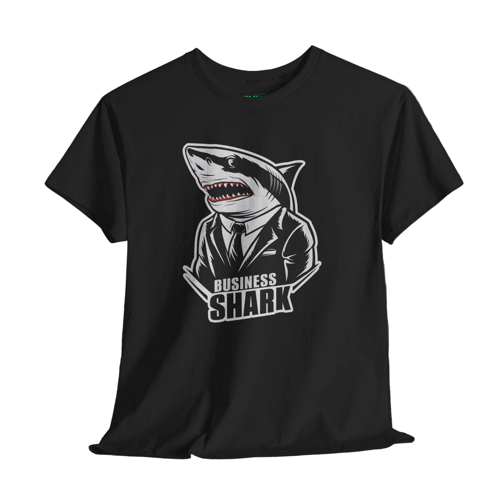 Black t-shirt with a graphic of a shark in a suit labeled 'Business Shark' on a wooden surface.