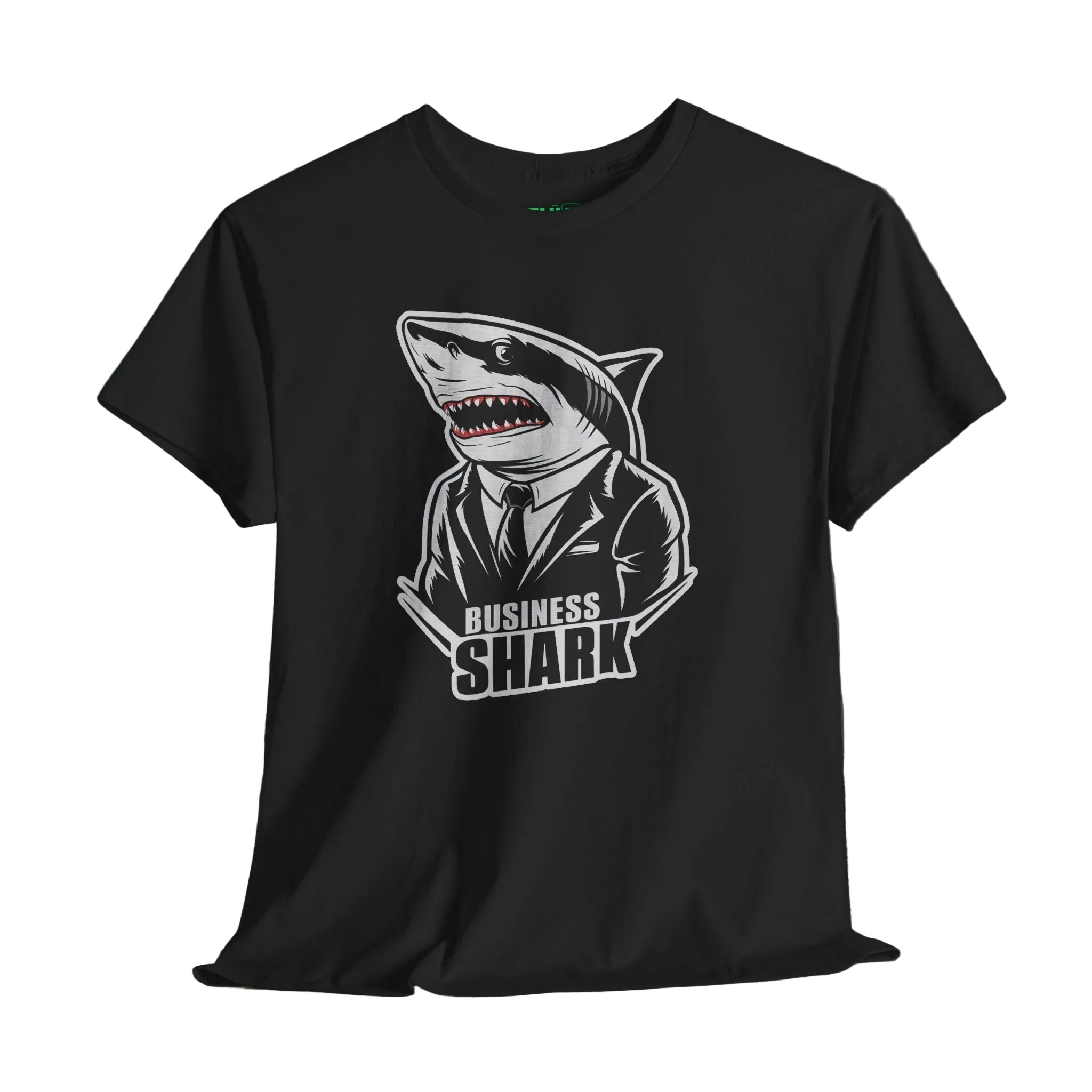 Black t-shirt with a graphic of a shark in a suit labeled 'Business Shark' on a wooden surface.