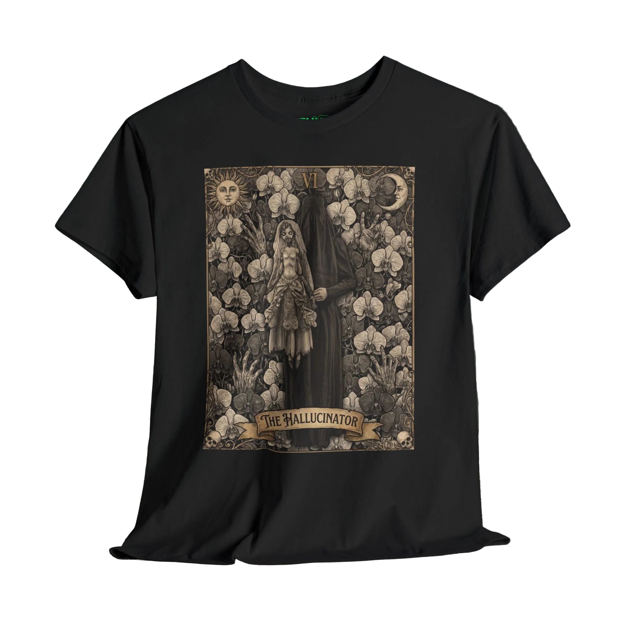 Black t-shirt with a graphic design of 'The Hallucinator' on a wooden surface with a dark background.