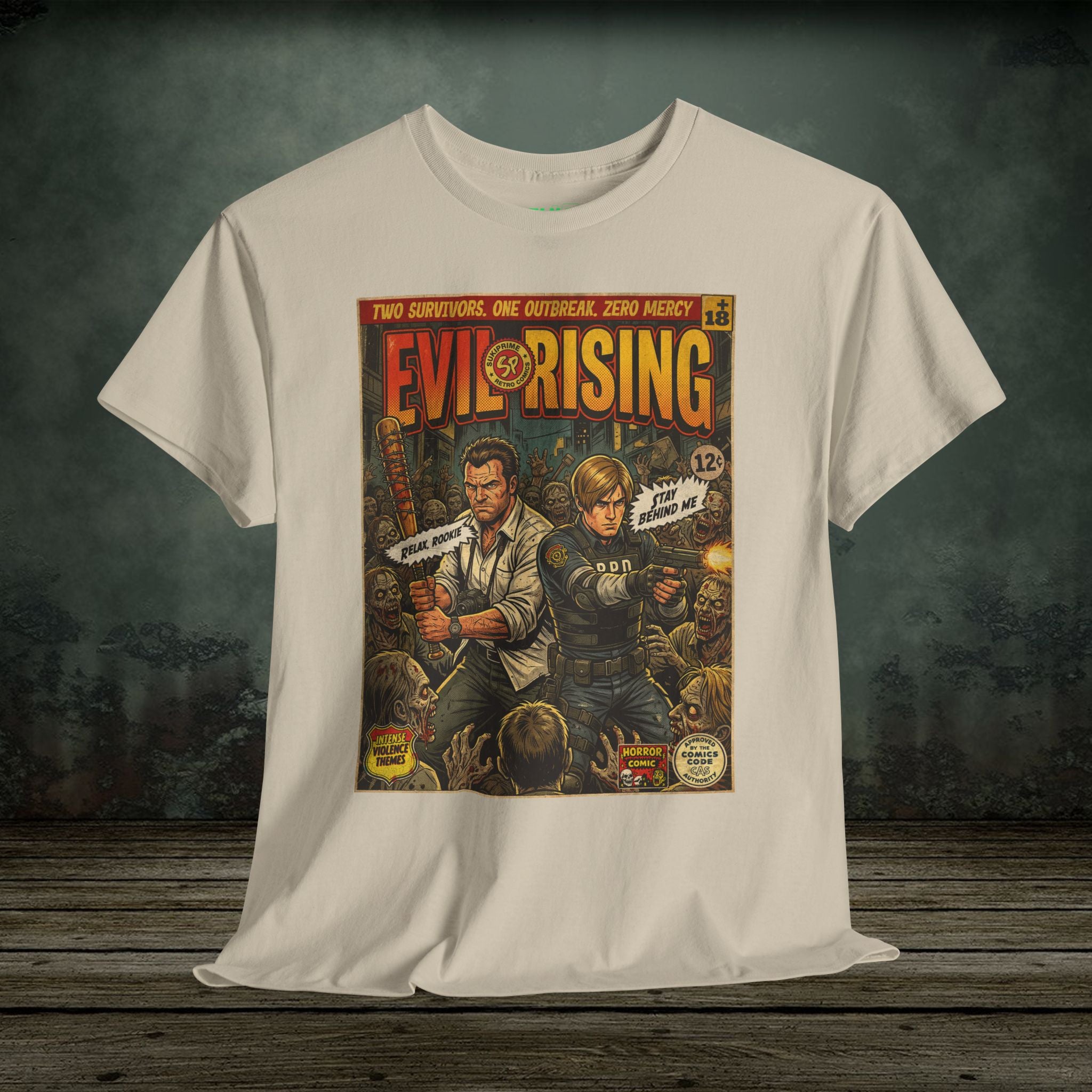 White t-shirt with 'Evil Rising' comic book cover design on a wooden surface.
