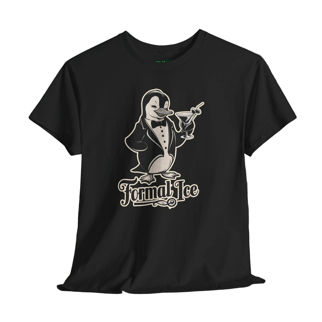 Black t-shirt with a penguin graphic and 'Fumal Ice' text on a wooden surface.