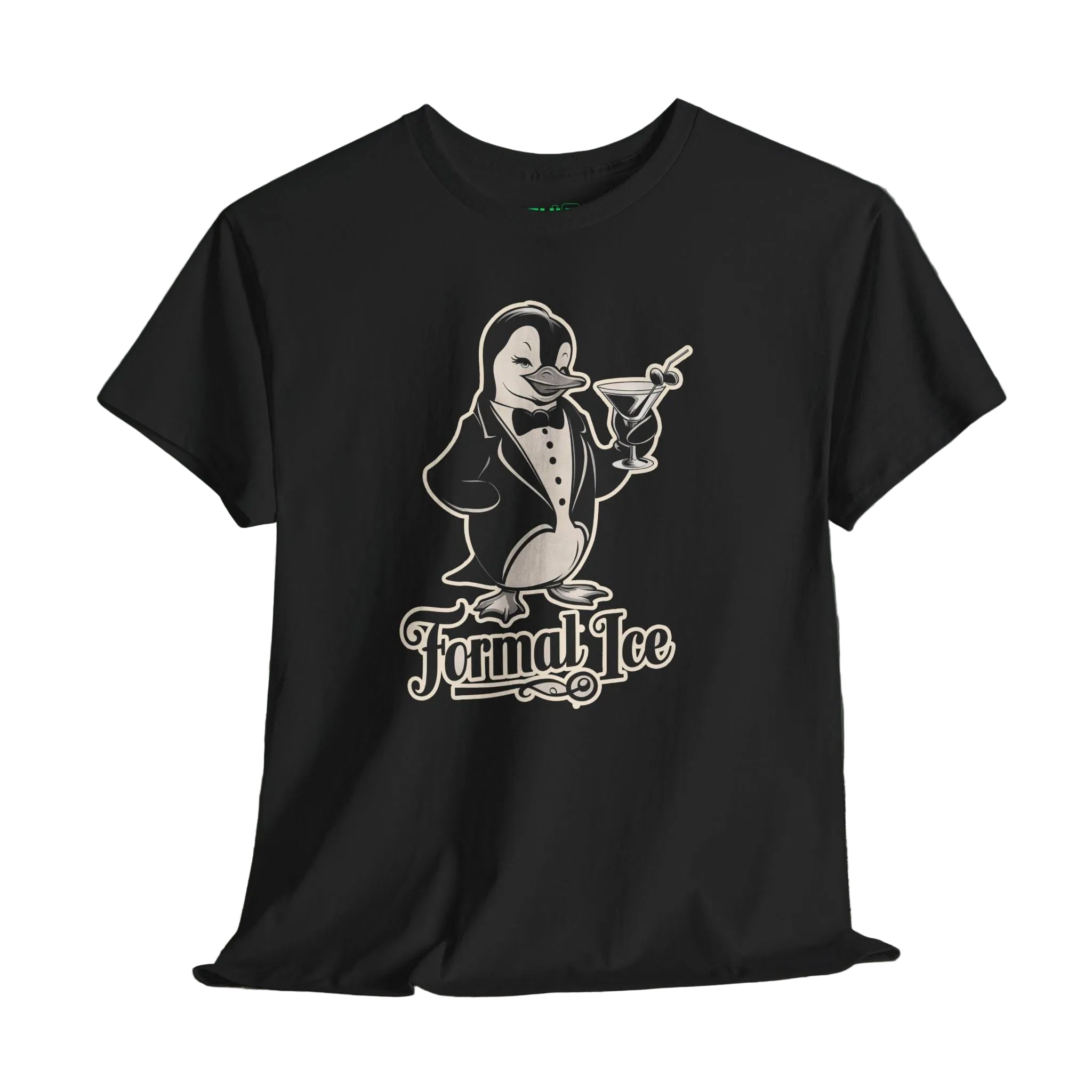 Black t-shirt with a penguin graphic and 'Fumal Ice' text on a wooden surface.