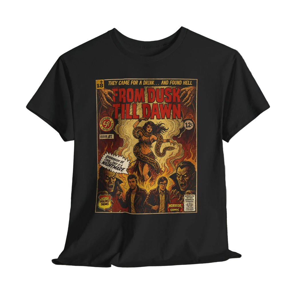 From Dusk Till Dawn Movie Vintage  T-Shirt. Explore unique retro comic cover themed classic movie t-shirts by SukiPrime. Premium quality designs for true fans. Shop now!