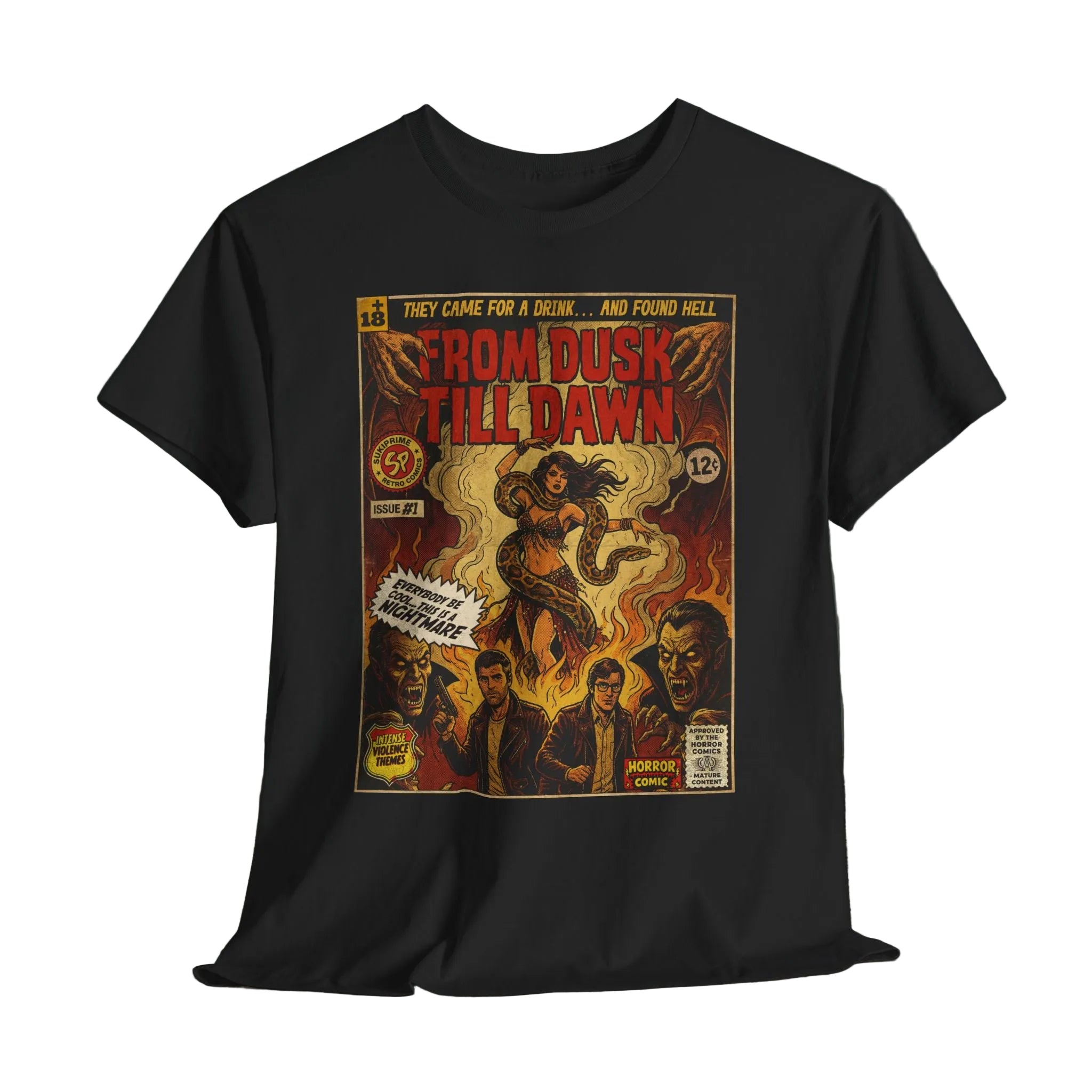 From Dusk Till Dawn Movie Vintage  T-Shirt. Explore unique retro comic cover themed classic movie t-shirts by SukiPrime. Premium quality designs for true fans. Shop now!