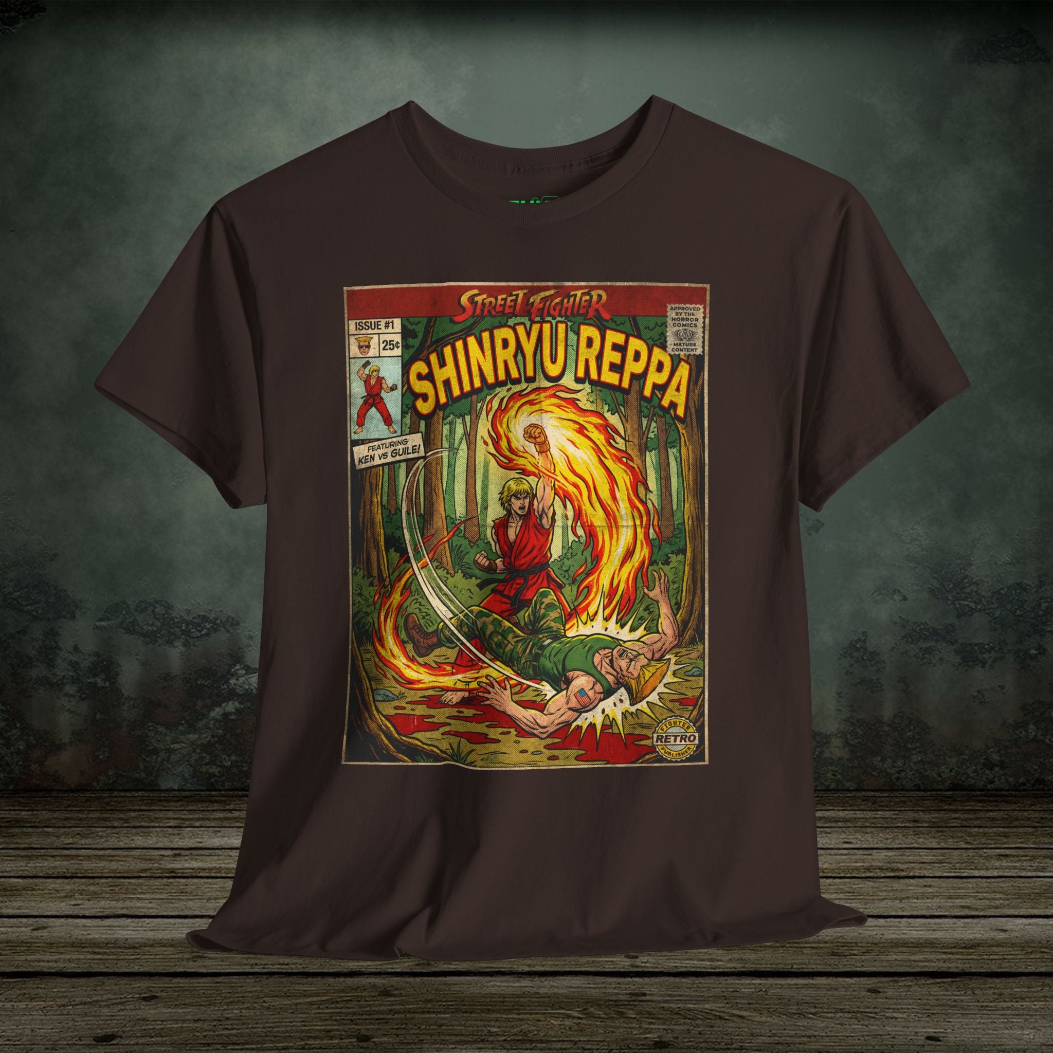 Brown t-shirt with a graphic design of 'Shinyu Reppa' on a wooden surface and dark background