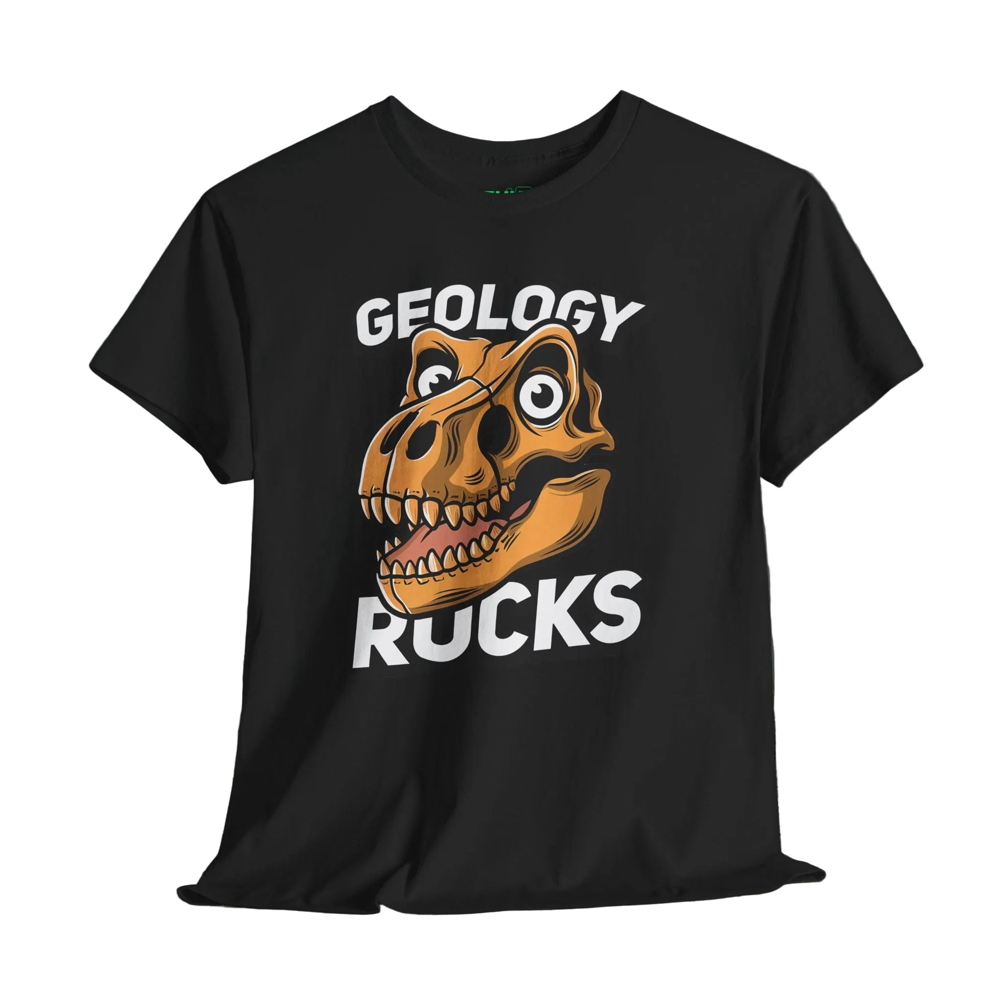 Black t-shirt with a dinosaur skull graphic and 'Geology Rocks' text on a wooden surface.
