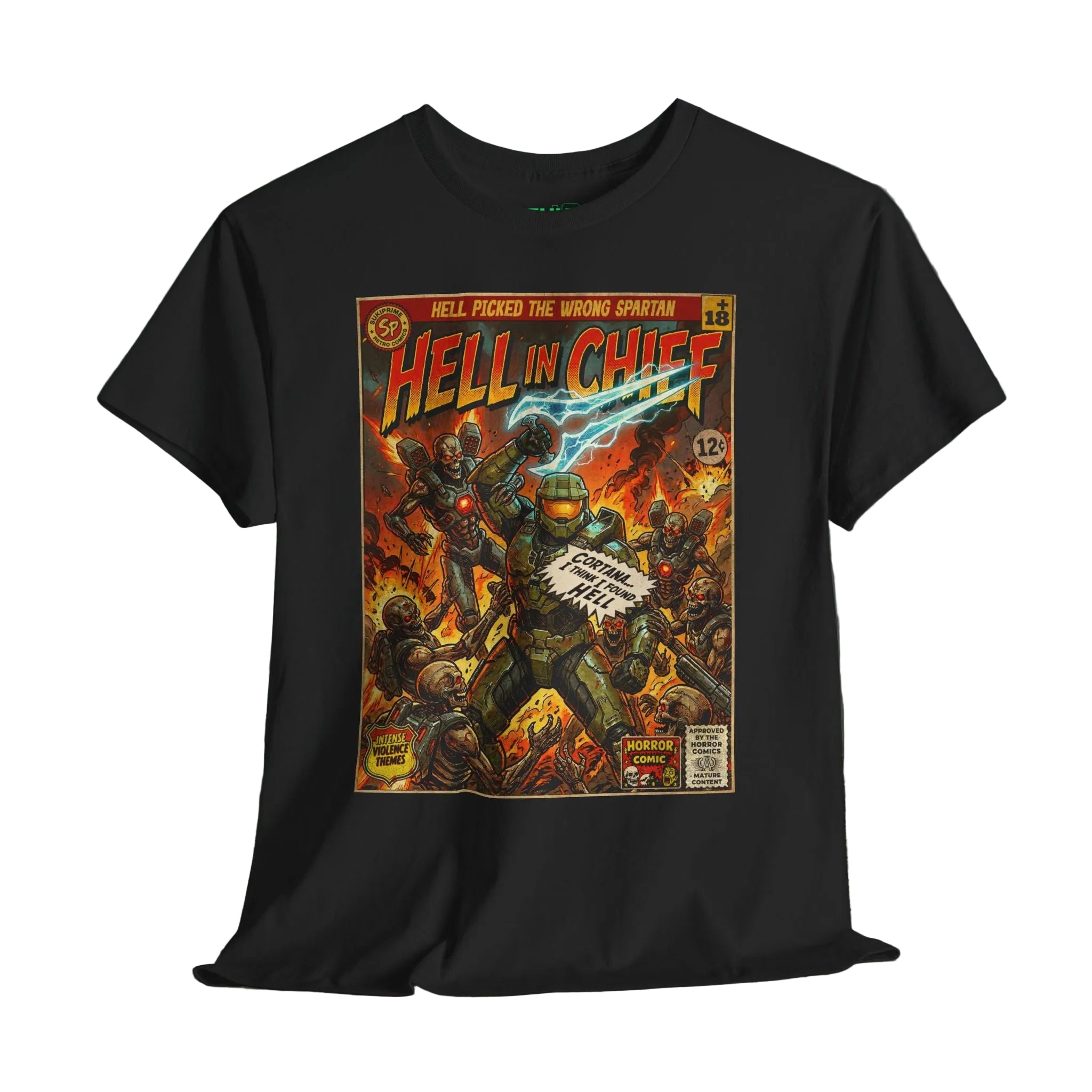 Hell in Chief  Gaming T-Shirt. Explore unique retro comic cover themed gaming t-shirts by SukiPrime. Premium quality designs for true fans. Shop now!