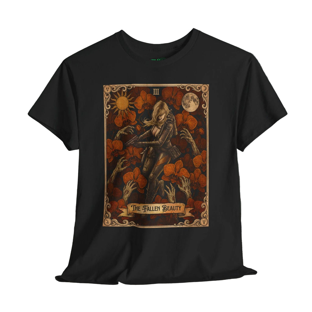 Black t-shirt with 'The Fallen Beauty' graphic design on a wooden surface with a dark background Sukiprime's Resident Evil t-shirt showcases bold graphics inspired by the popular video game series for gamers.