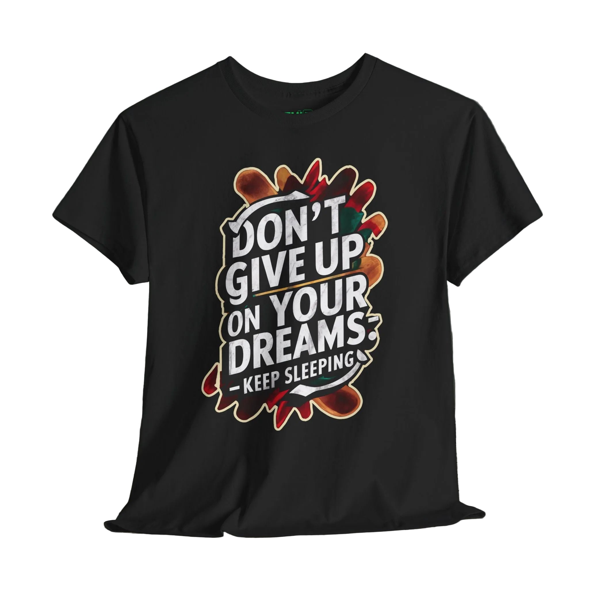 Black t-shirt with motivational quote on a wooden surface and dark background