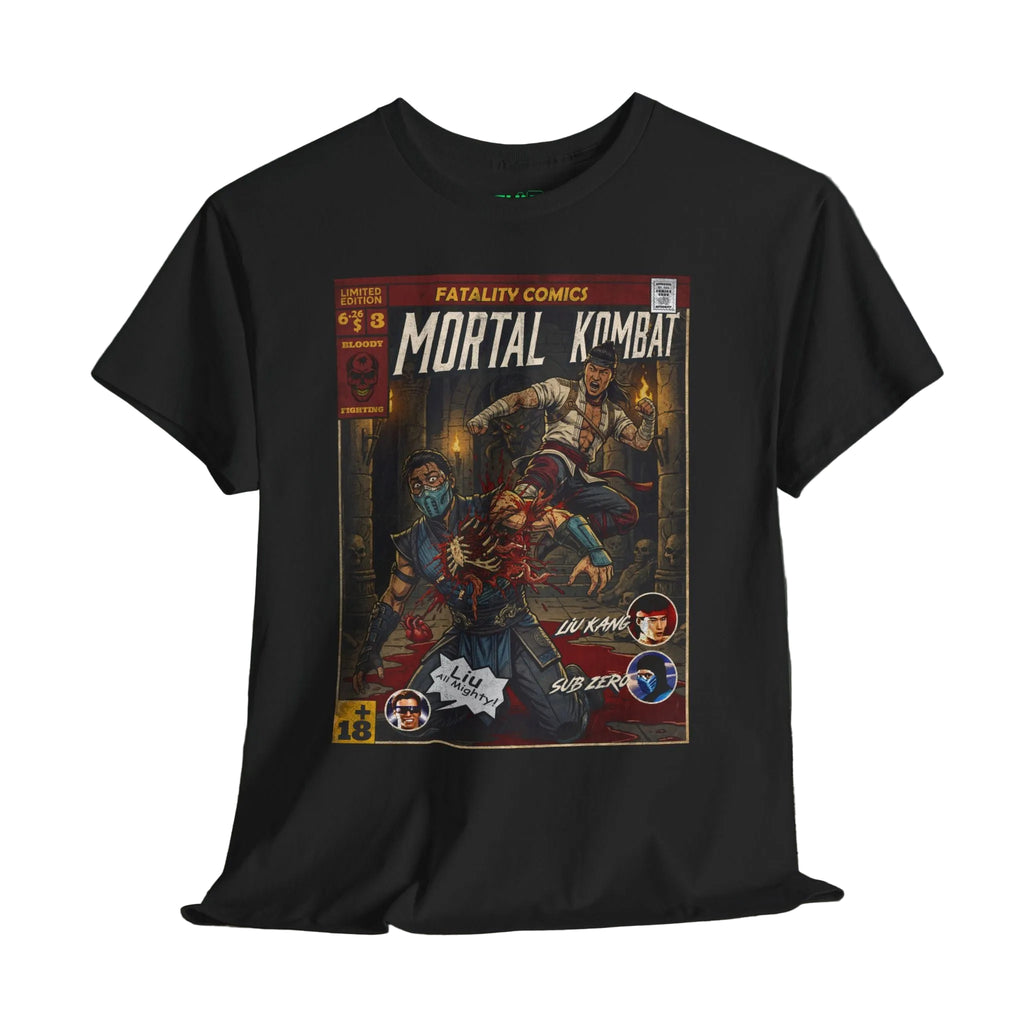 Black t-shirt with 'Mortal Kombat' comic book cover design on a wooden Sukiprime's mortal kombat t-shirt showcases bold graphics inspired by the popular video game series for gamers.surface.