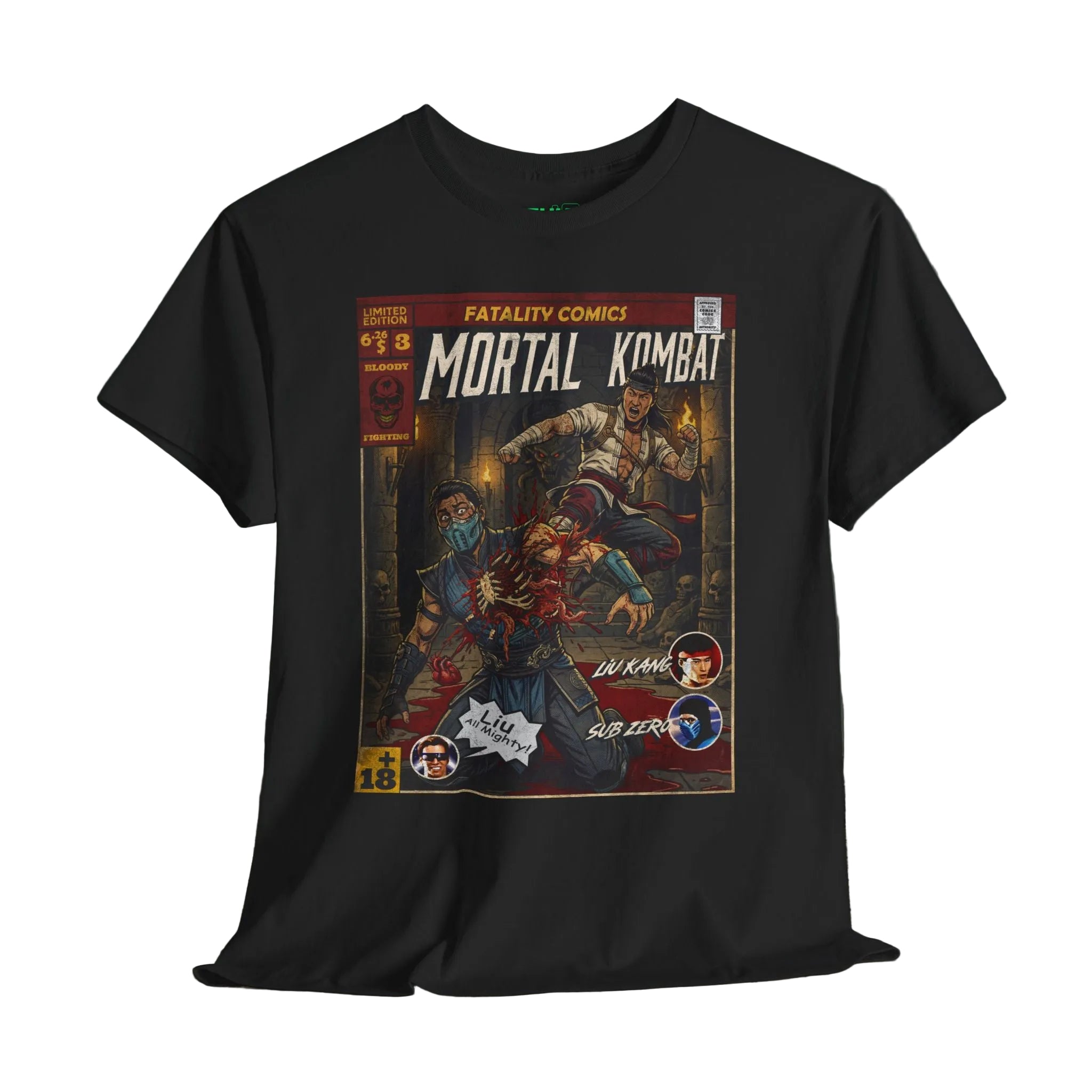 Black t-shirt with 'Mortal Kombat' comic book cover design on a wooden Sukiprime's mortal kombat t-shirt showcases bold graphics inspired by the popular video game series for gamers.surface.