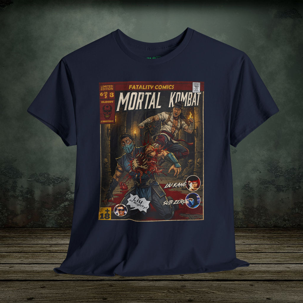 Navy blue t-shirt with 'Mortal Kombat' graphic design on a textured surface