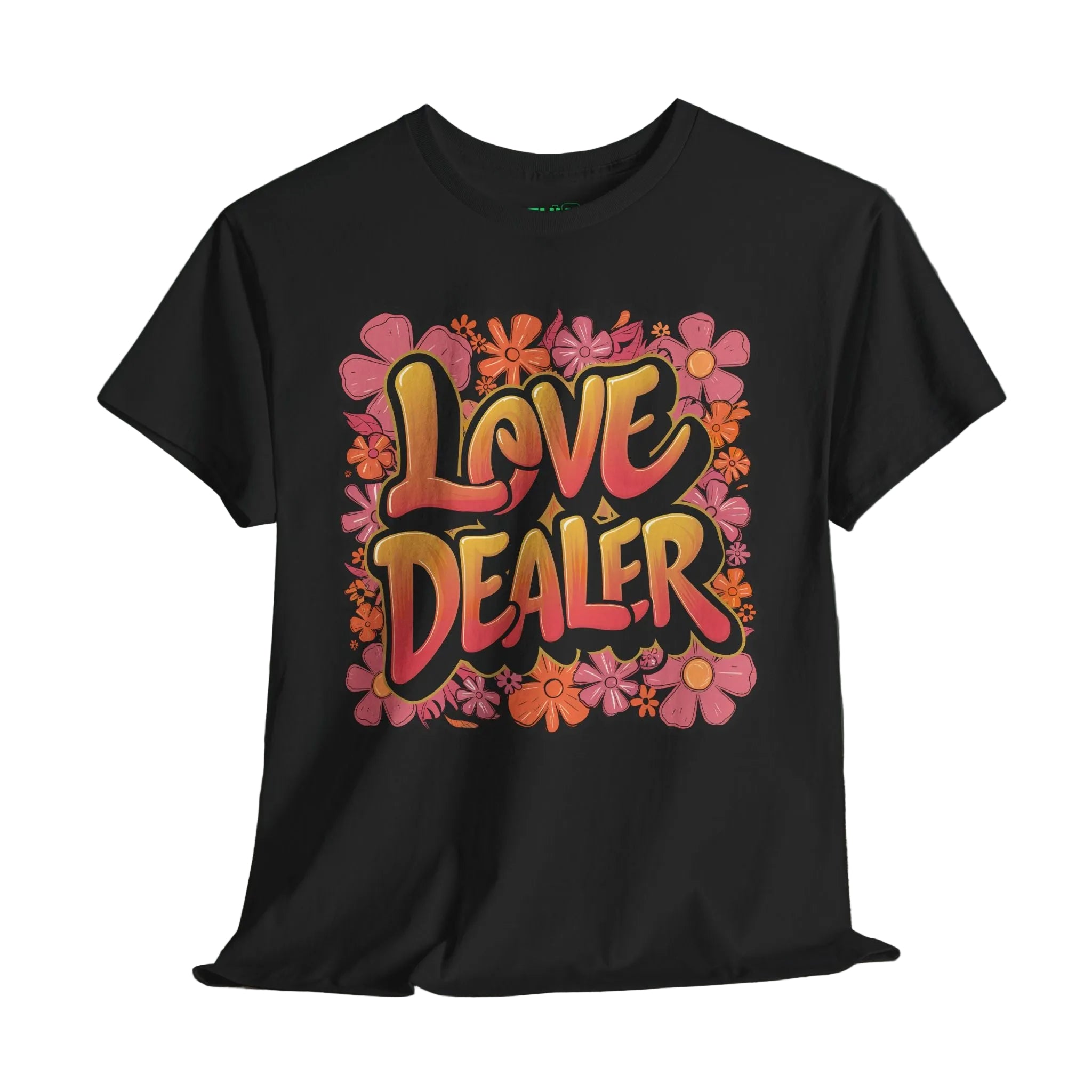 Black t-shirt with 'Love Dealer' graphic design on a wooden surface with a dark background