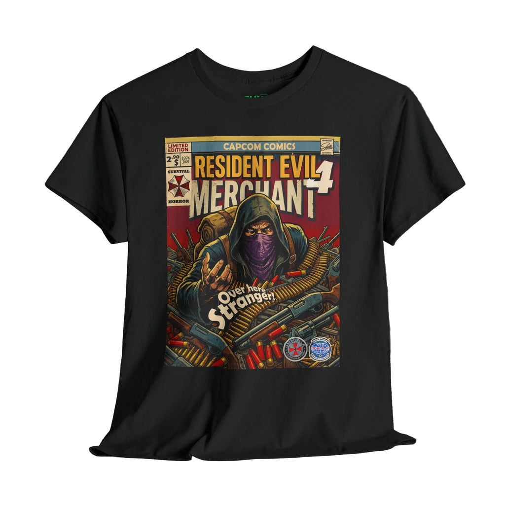 Black t-shirt with 'Resident Evil' graphic design gaming t-shirt by Sukiprime, showcasing unique designs and bold colors for gaming enthusiasts and  passionate gamers.
