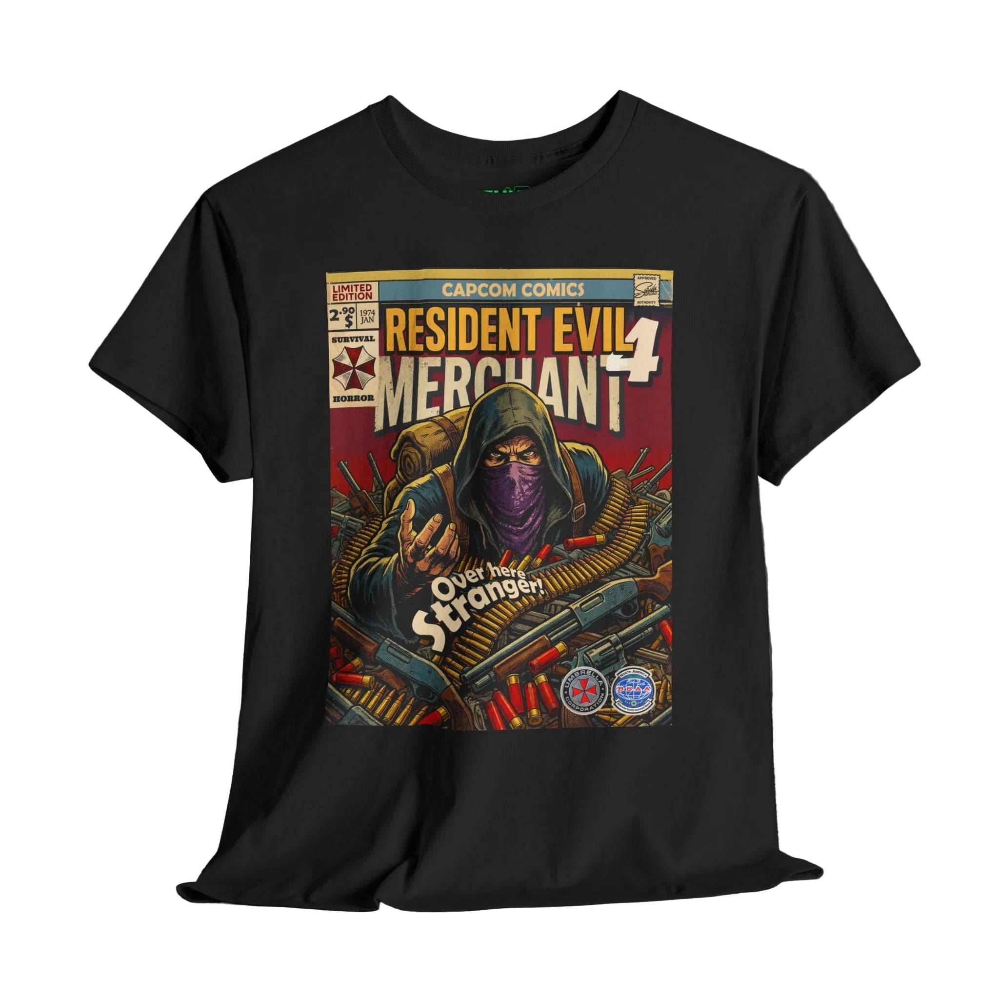 Black t-shirt with 'Resident Evil' graphic design gaming t-shirt by Sukiprime, showcasing unique designs and bold colors for gaming enthusiasts and  passionate gamers.
