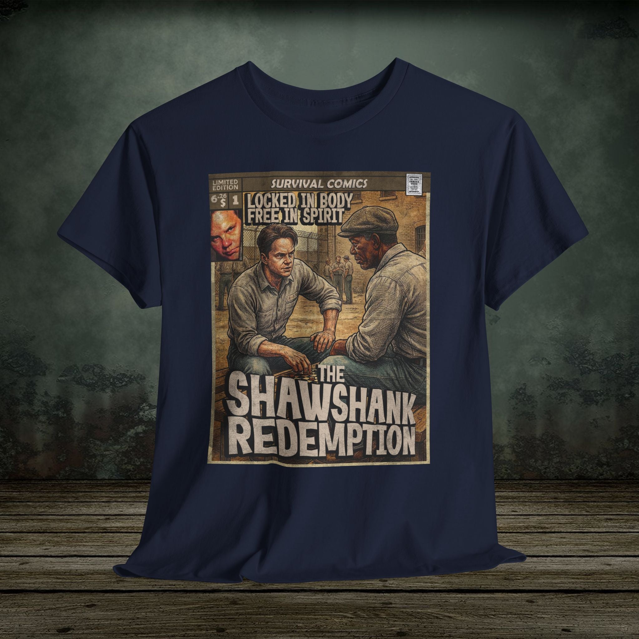 Navy blue t-shirt with 'The Shawshank Redemption' graphic design on a wooden surface.
