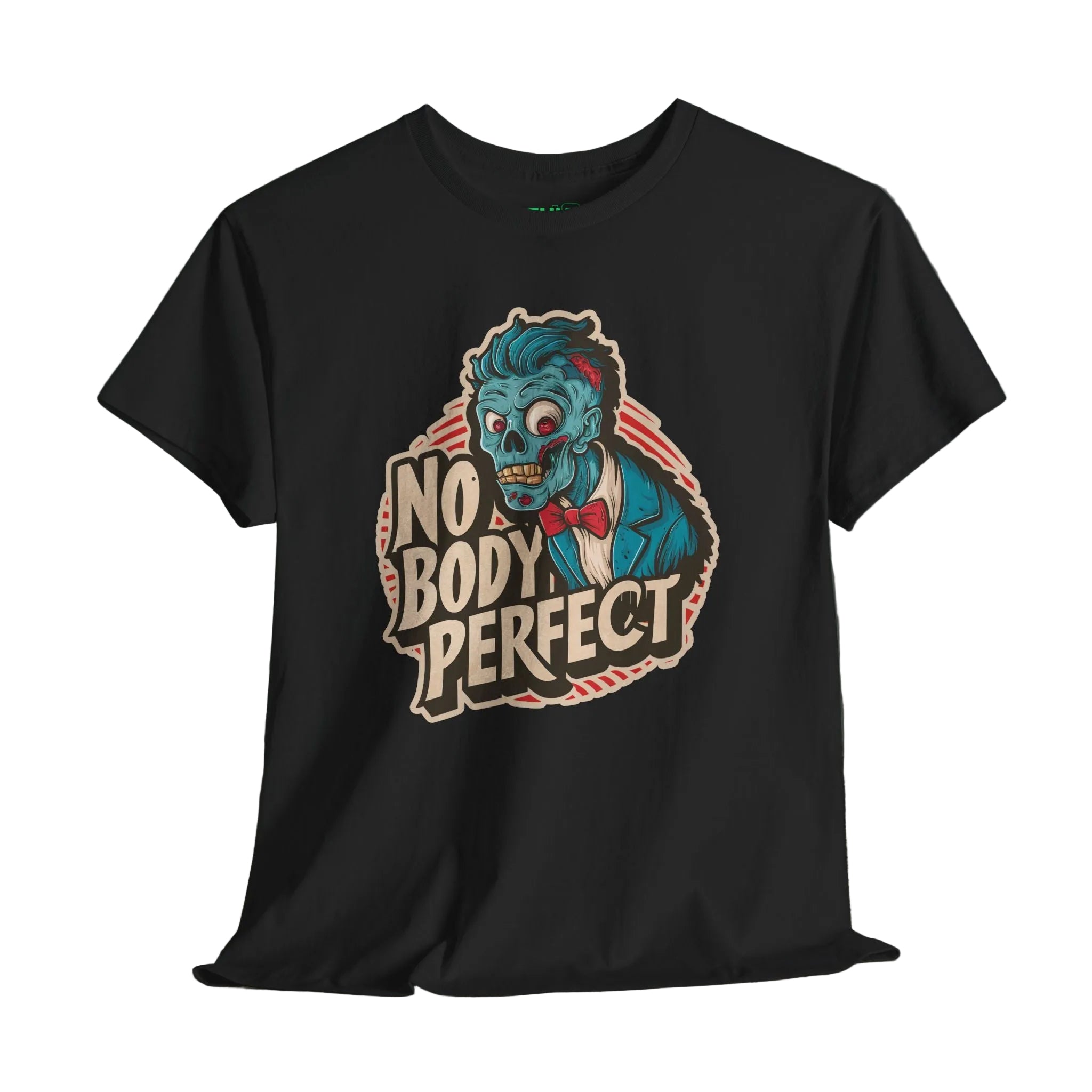 Black t-shirt with a graphic design of a zombie wearing a bow tie and 'No Body Perfect' text on a wooden surface.