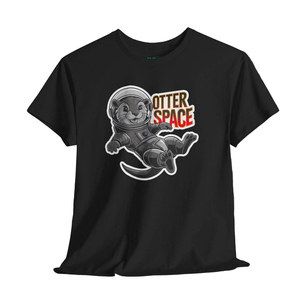 Black t-shirt with a graphic of an otter in space and 'Otter Space' text on a wooden surface.