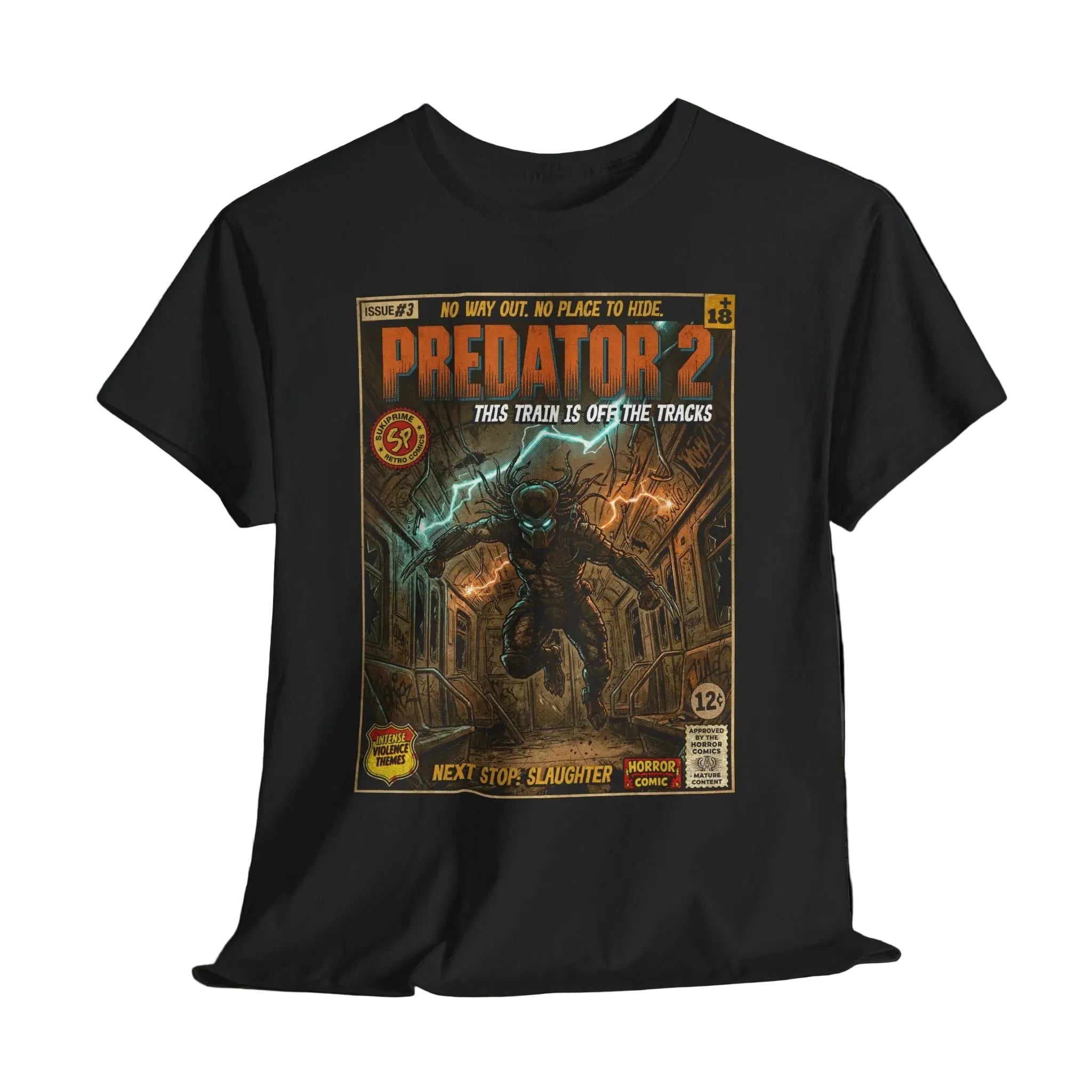 Predator 2 Movie Lover Vintage  T-Shirt. Explore unique retro comic cover themed gaming t-shirts by SukiPrime. Premium quality designs for true fans. Shop now!