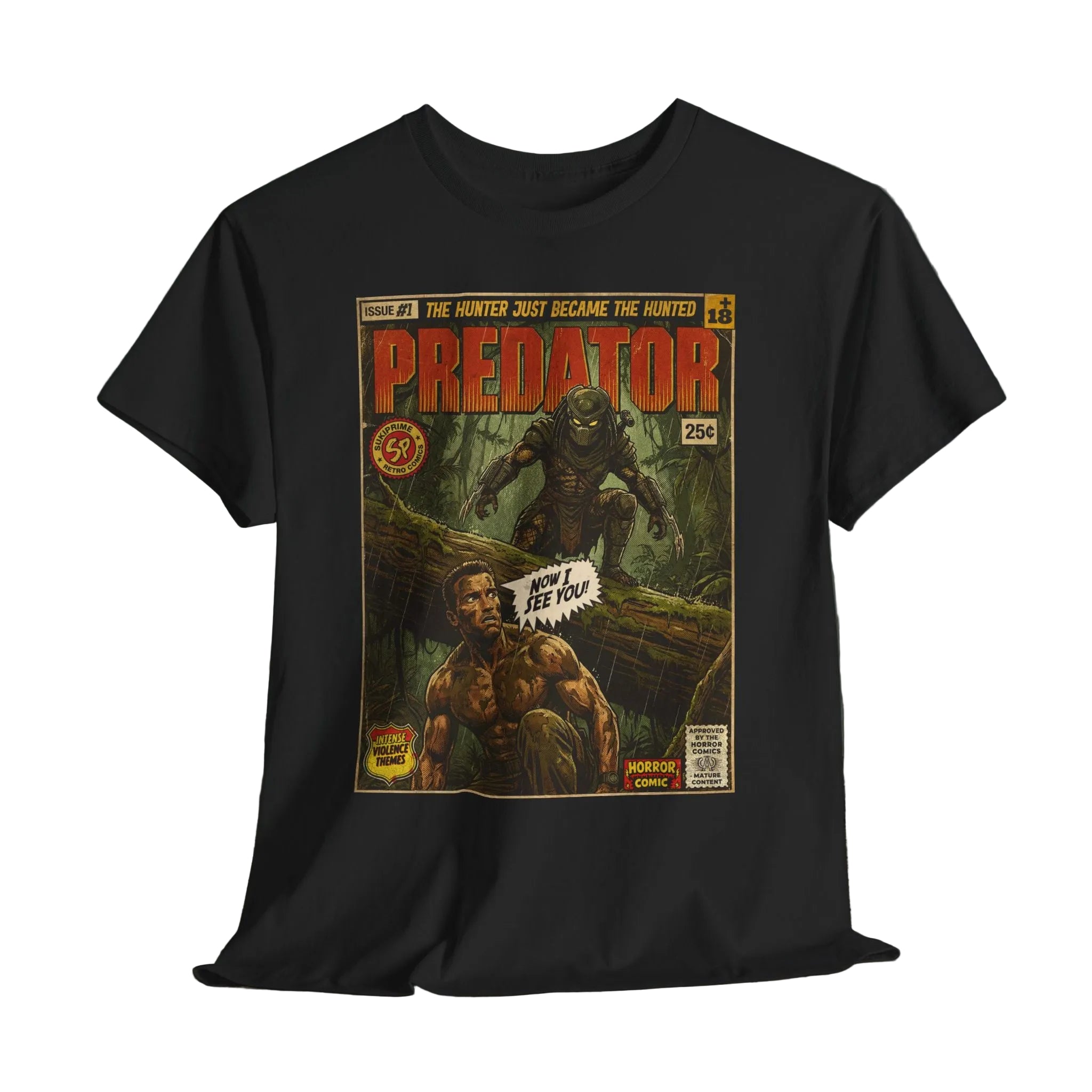 Predator Movie Vintage  T-Shirt. Explore unique retro comic cover themed movie t-shirts by SukiPrime. Premium quality designs for true fans. Shop now!