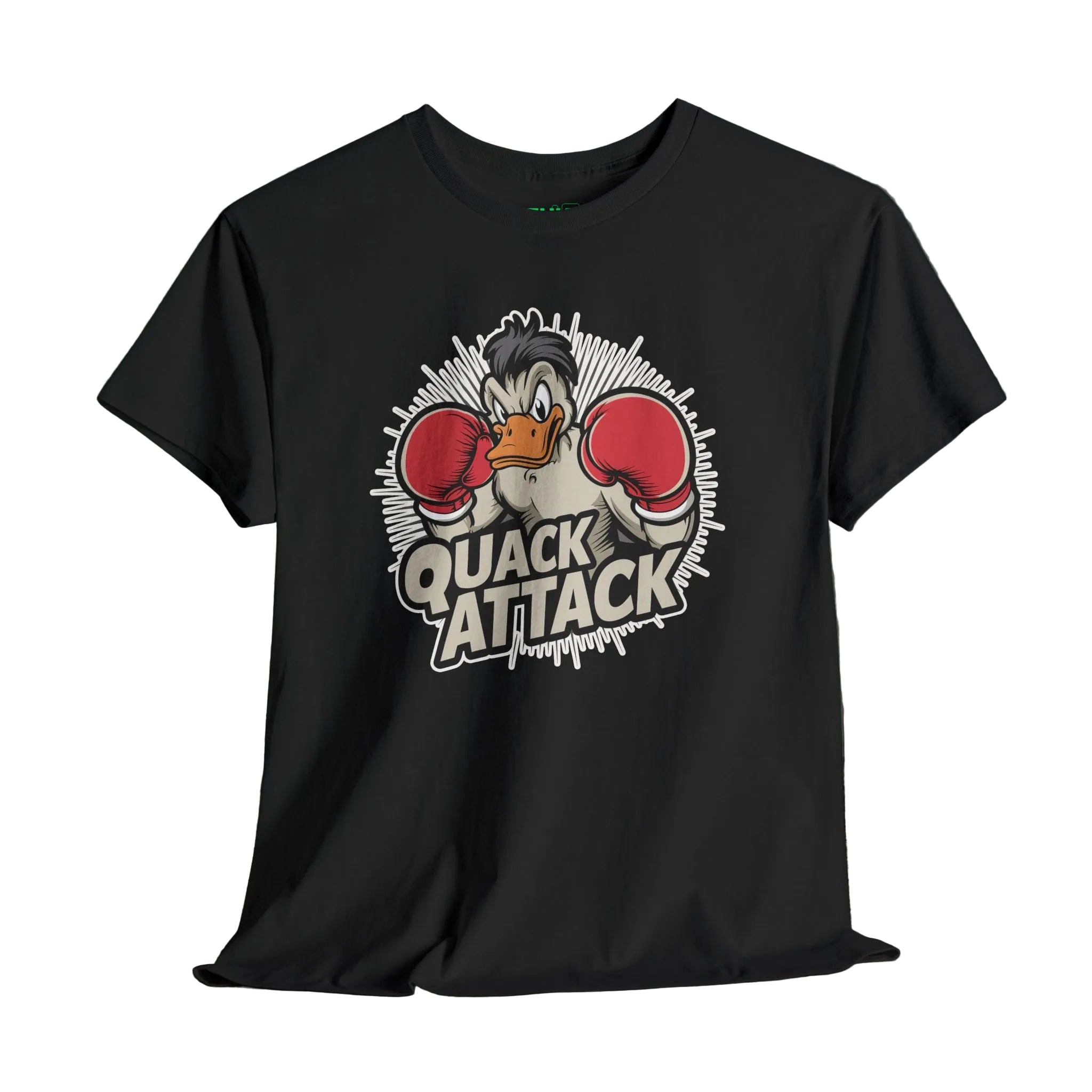 Black t-shirt with a cartoon duck design and 'Quack Attack' text on a wooden surface.