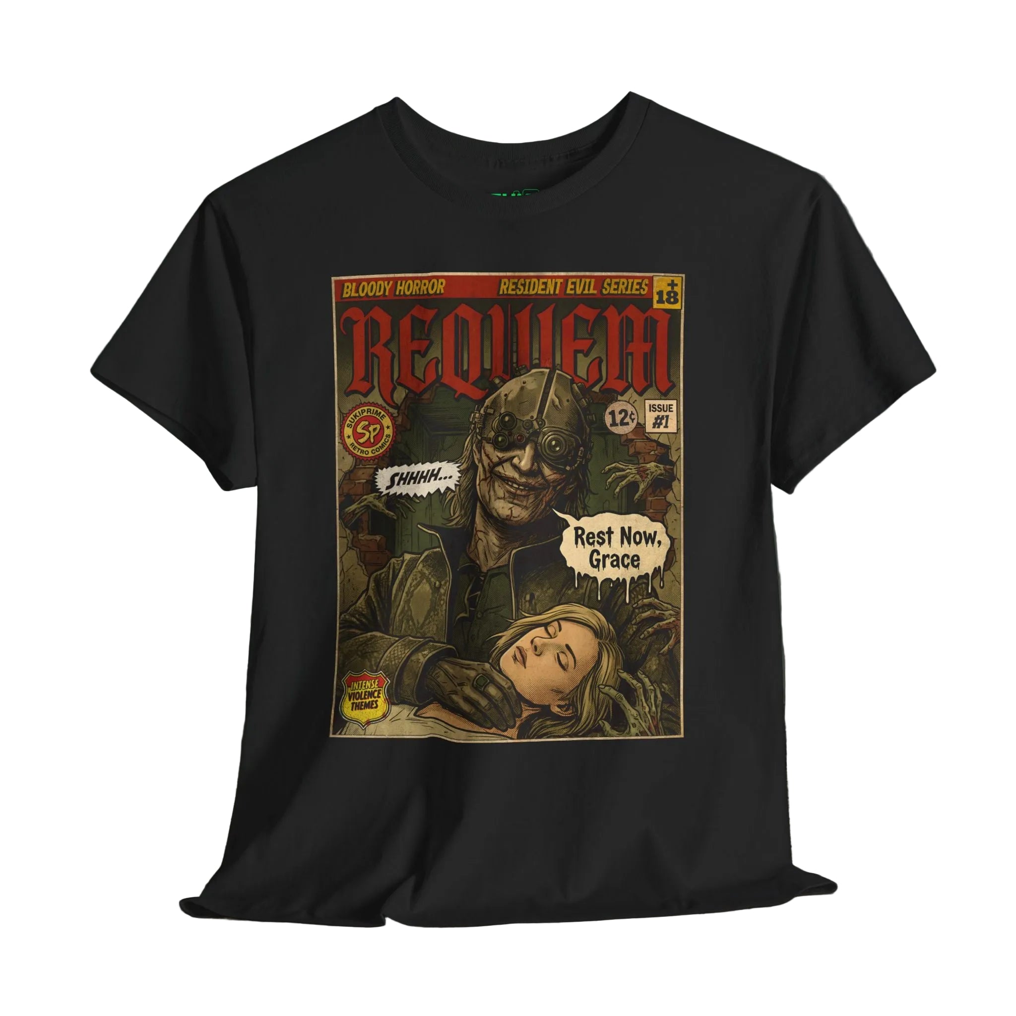 Resident Evil Requiem comic cover style T-shirt featuring a dark horror villain holding Grace in vintage retro illustration design.