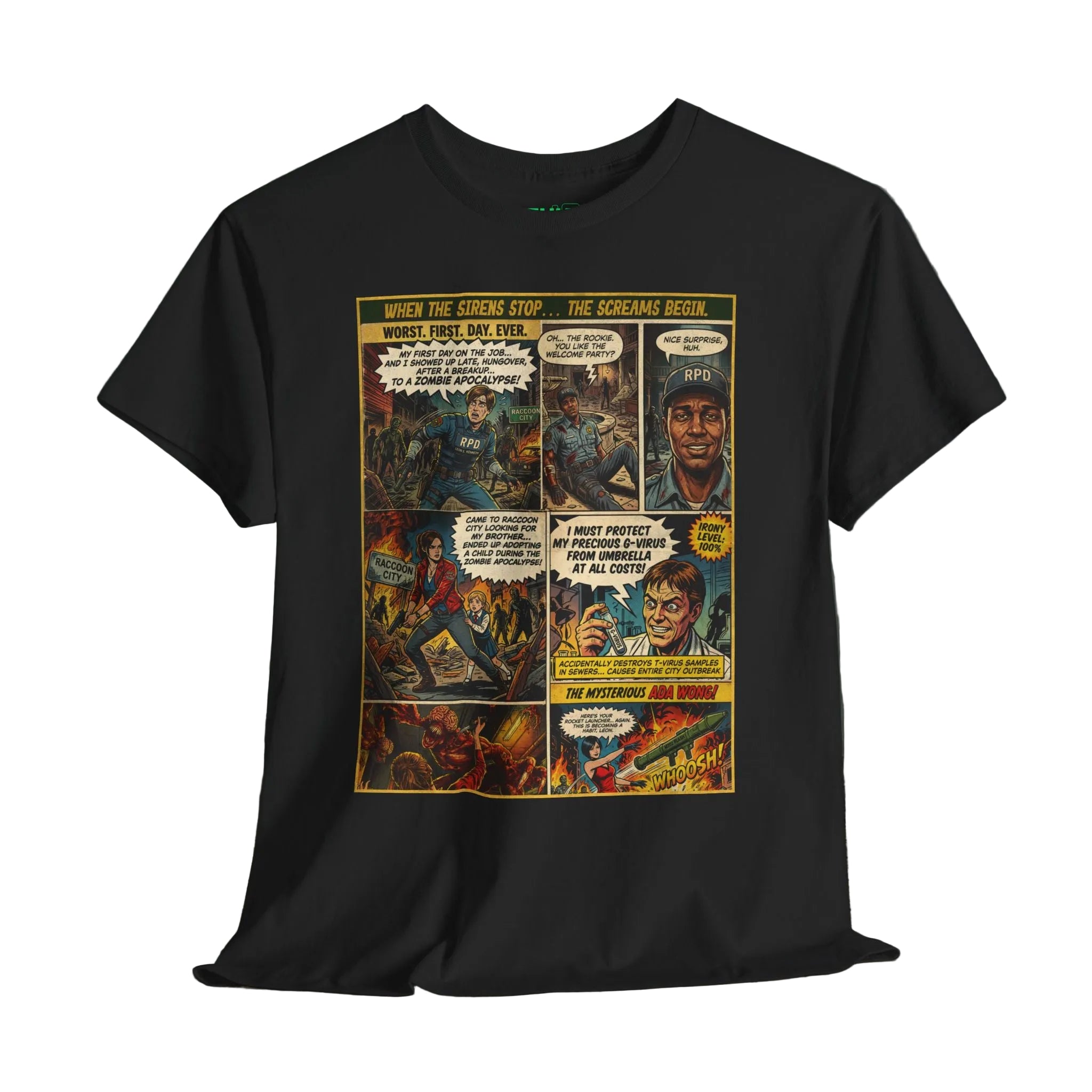 Resident Evil 2 T-Shirt. Explore unique retro comic cover themed gaming t-shirts by SukiPrime. Premium quality designs for true fans. Shop now!