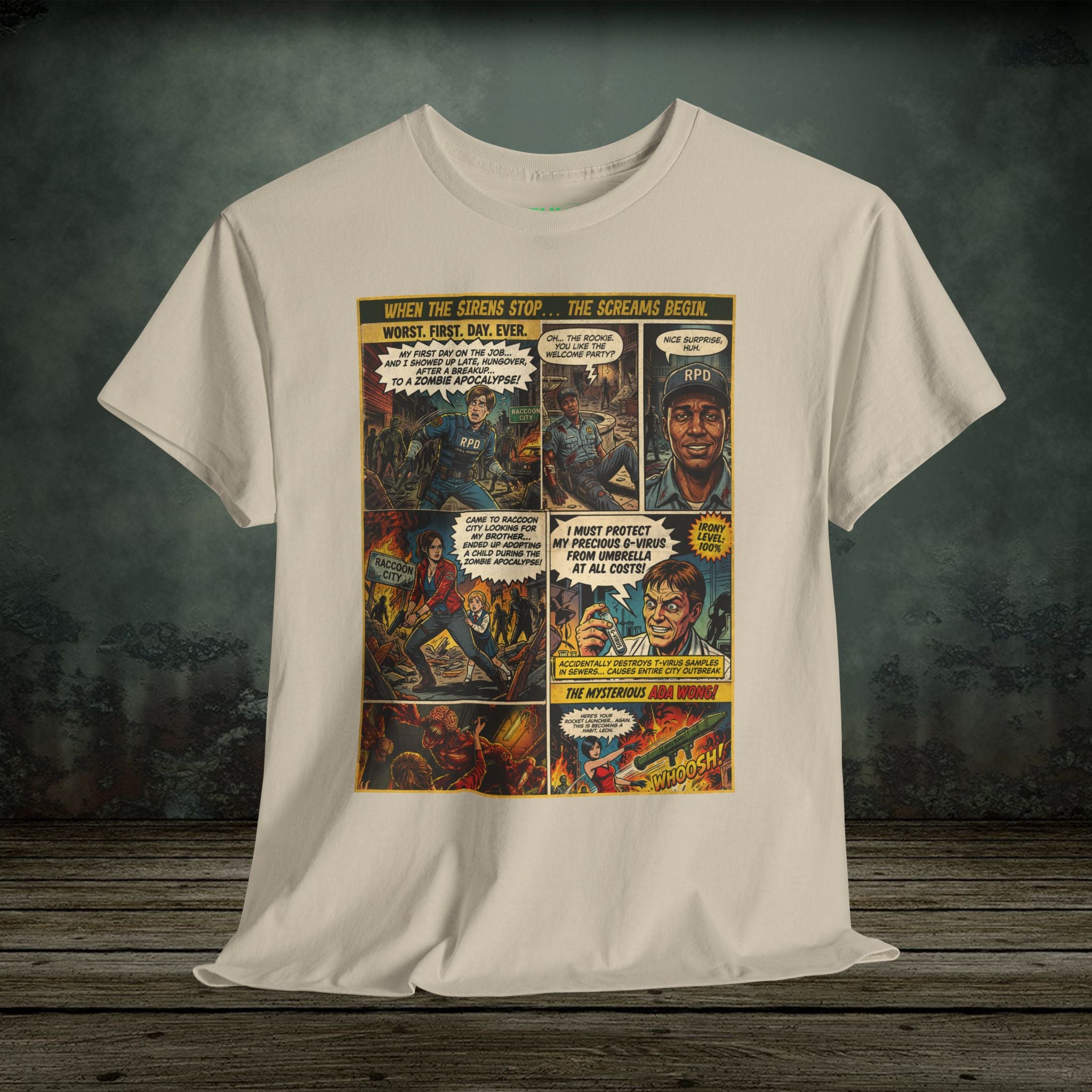 Resident Evil 2 T-Shirt. Explore unique retro comic cover themed gaming t-shirts by SukiPrime. Premium quality designs for true fans. Shop now!