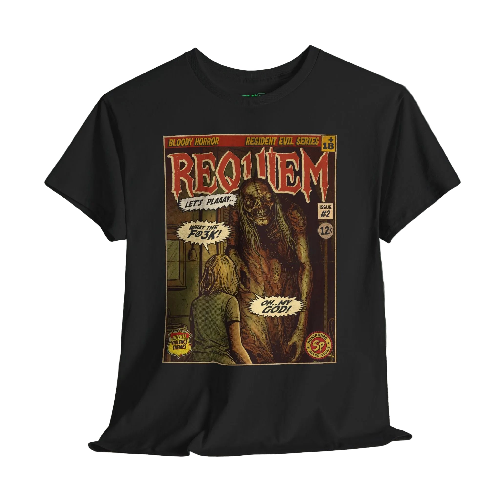 Resident Evil Requiem Issue #2 comic cover T-shirt featuring a terrifying horror scene in vintage retro style. Perfect tee for survival horror fans.